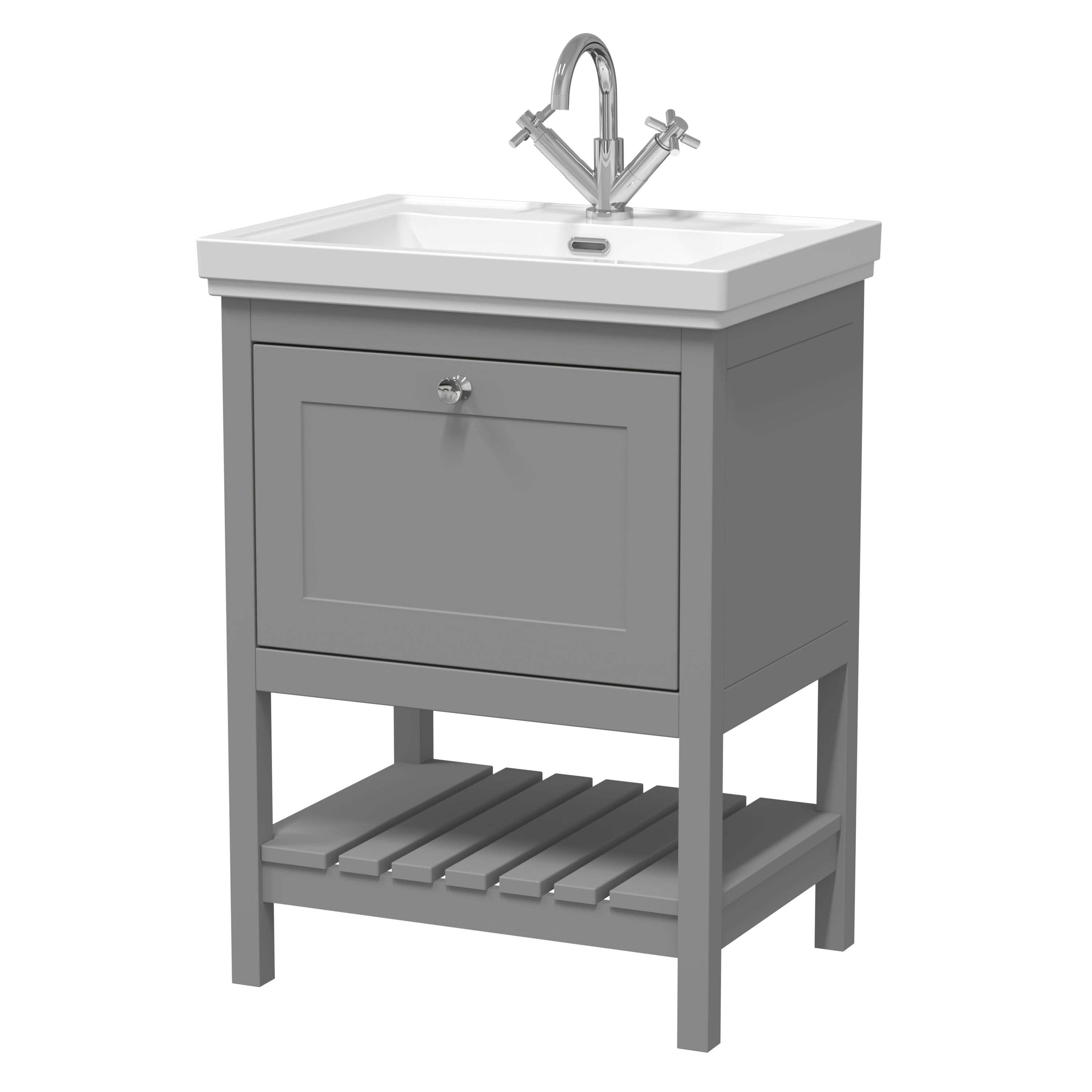 Old London Bexley Floor Standing 1 Drawer Vanity & 1 Tap Hole Fireclay Basin, Stylish Vanity Unit with Basin, Cool Grey, 600mm
