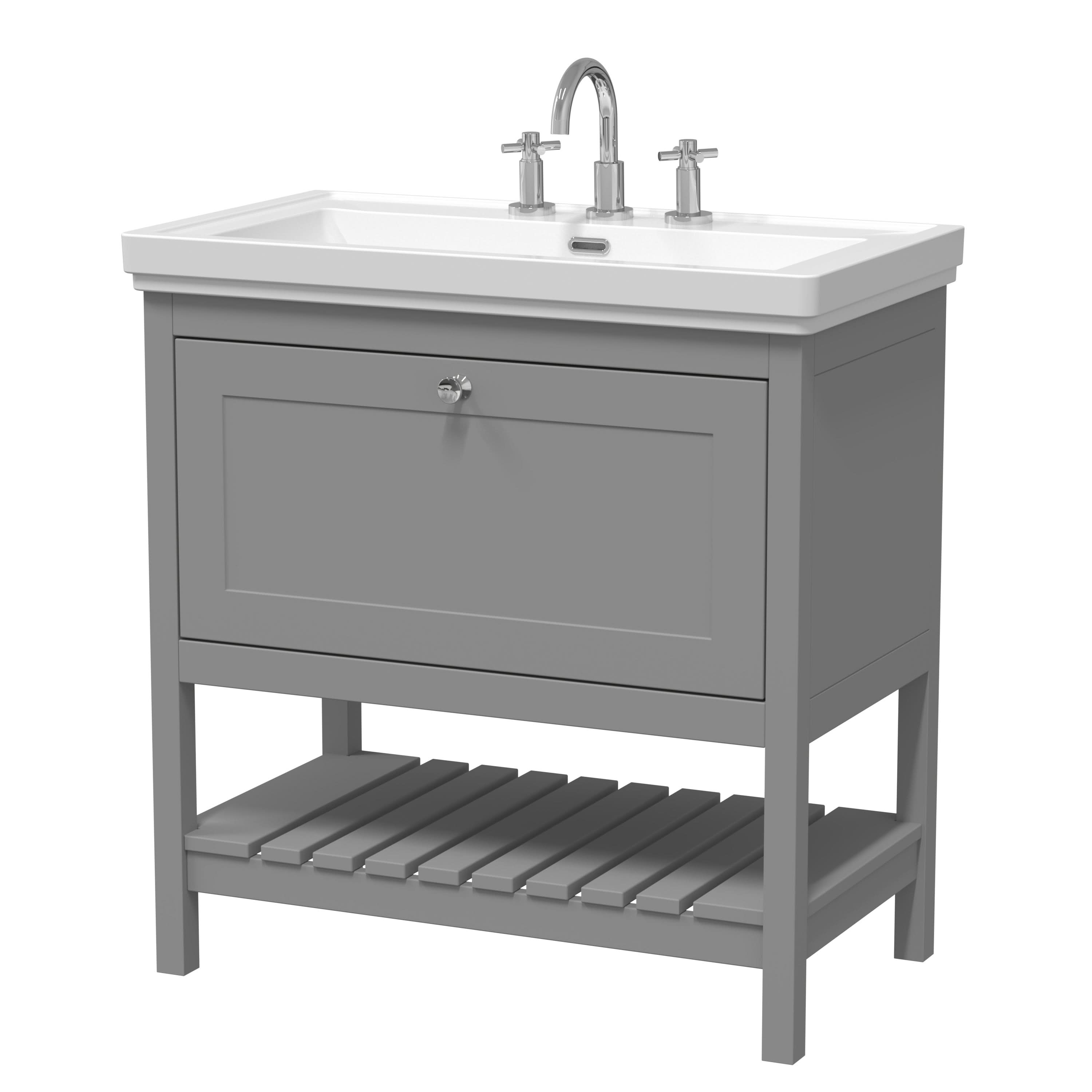 Old London Bexley Floor Standing 1 Drawer Vanity & 3 Tap Hole Fireclay Basin, Stylish Vanity Unit with Basin, Cool Grey, 800mm