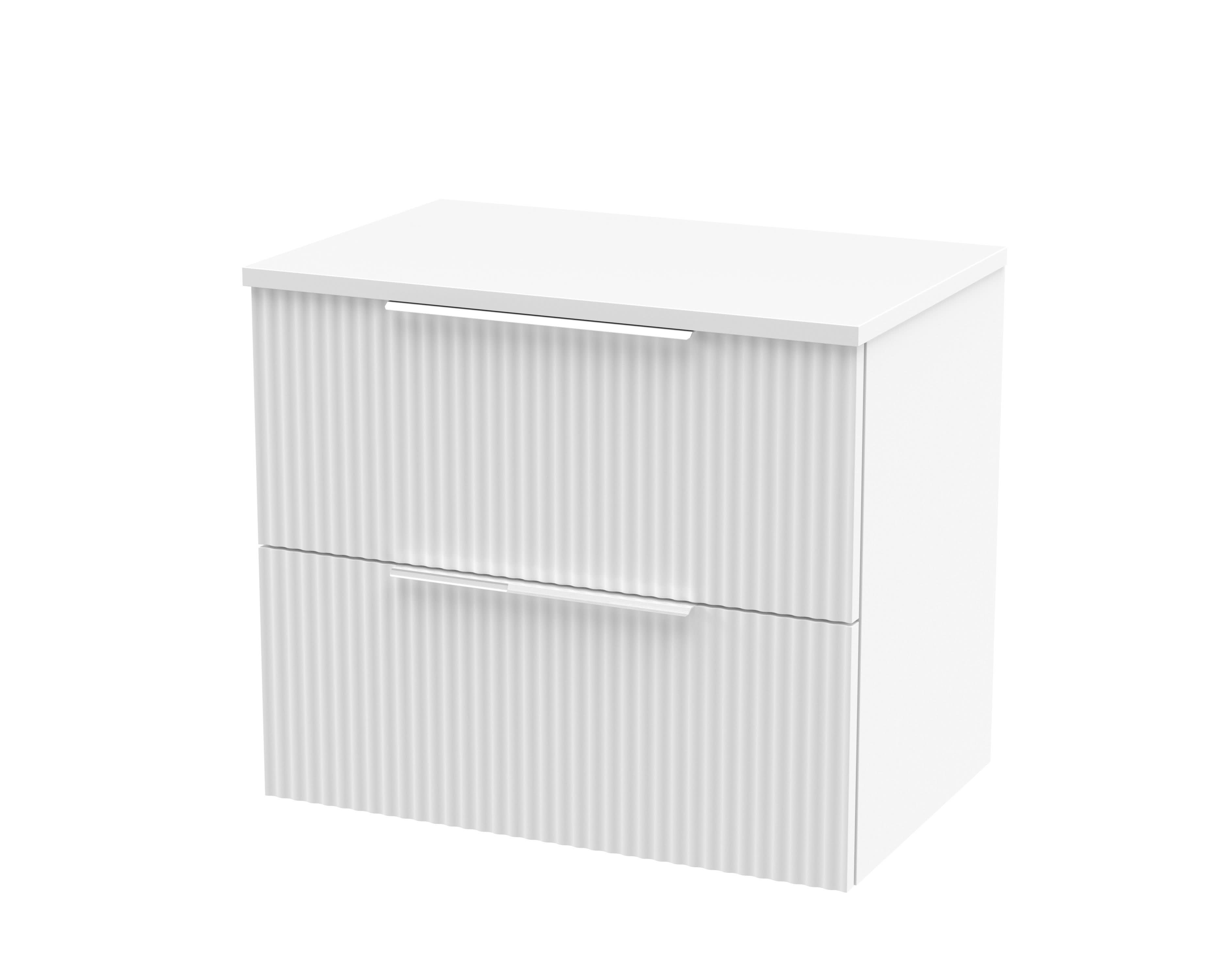 Hudson Reed Fluted Wall Hung 2-Drawer Vanity Unit & White Marble Laminate Worktop, Counter Top Vanity Unit in Satin White, 600mm