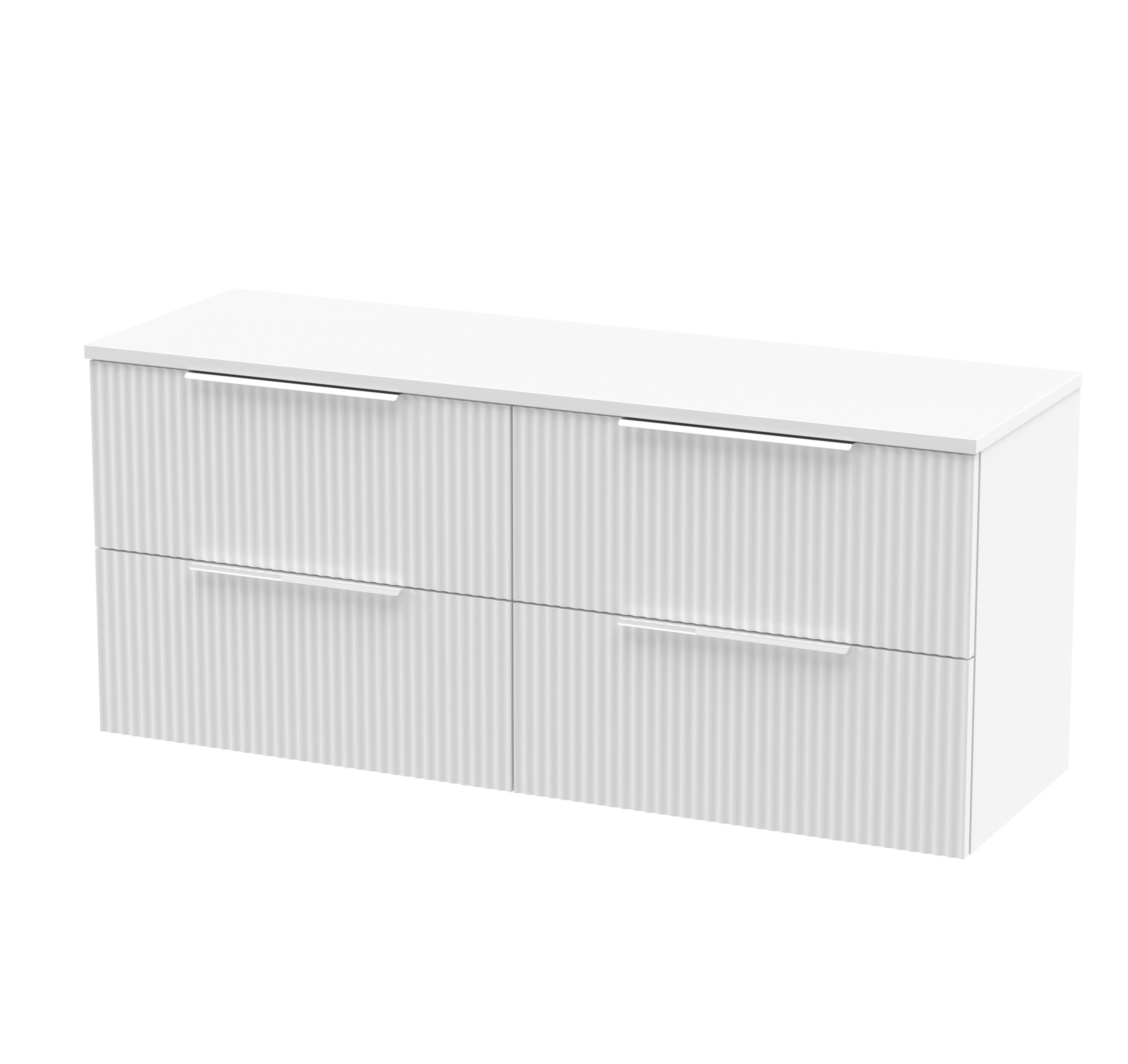 Hudson Reed Fluted Wall Hung 4-Drawer Vanity Unit & White Marble Laminate Worktop, Counter Top Vanity Unit in Satin White, 1200mm