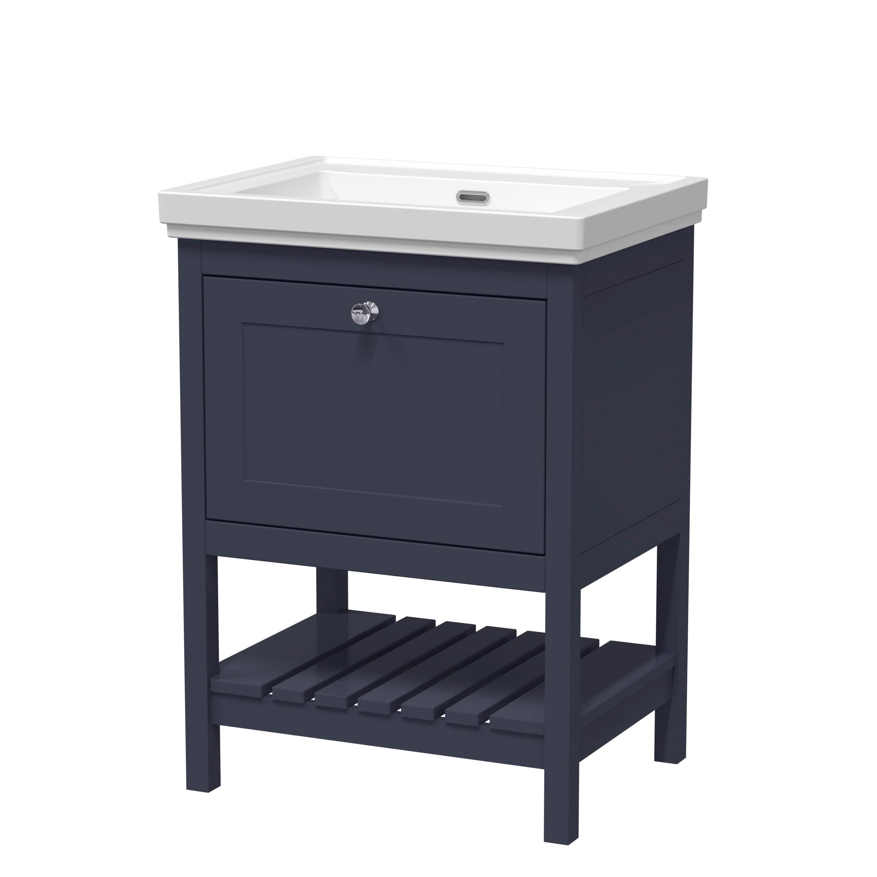 Old London Bexley Floor Standing 1 Drawer Vanity without Tap Hole Fireclay Basin, Stylish Vanity Unit with Basin, Indigo Blue, 600mm