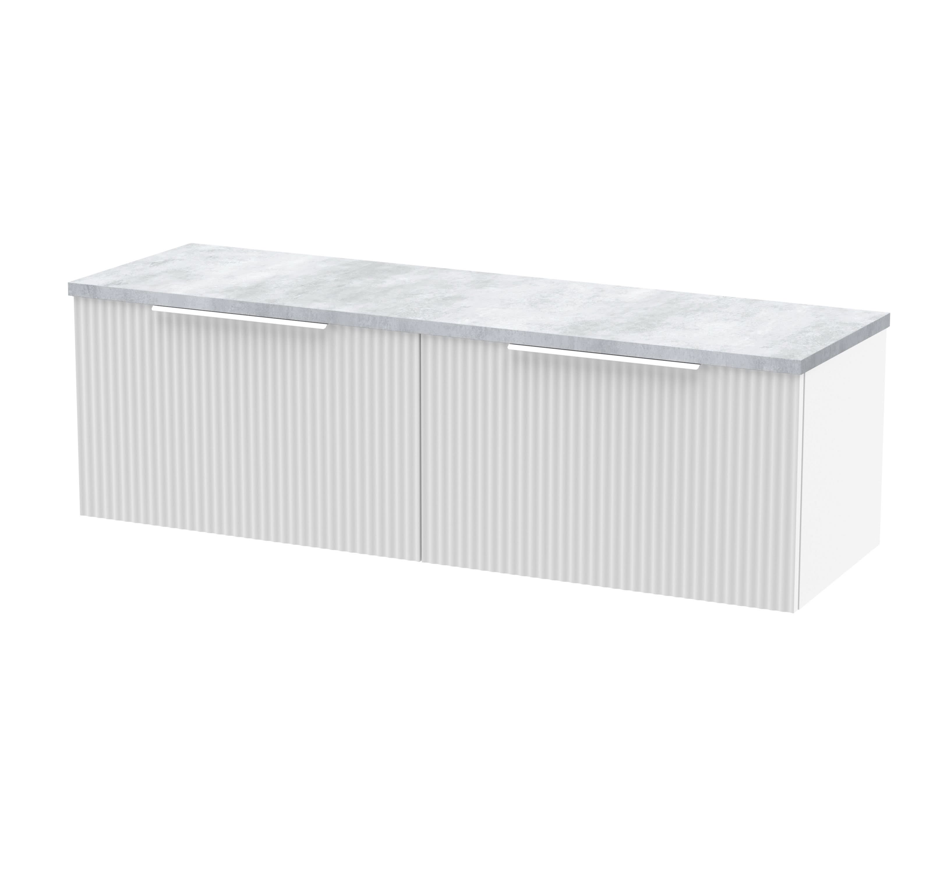 Hudson Reed Fluted Wall Hung 2-Drawer Vanity Unit & Bellato Grey Laminate Worktop, Counter Top Vanity Unit in Satin White, 1200mm