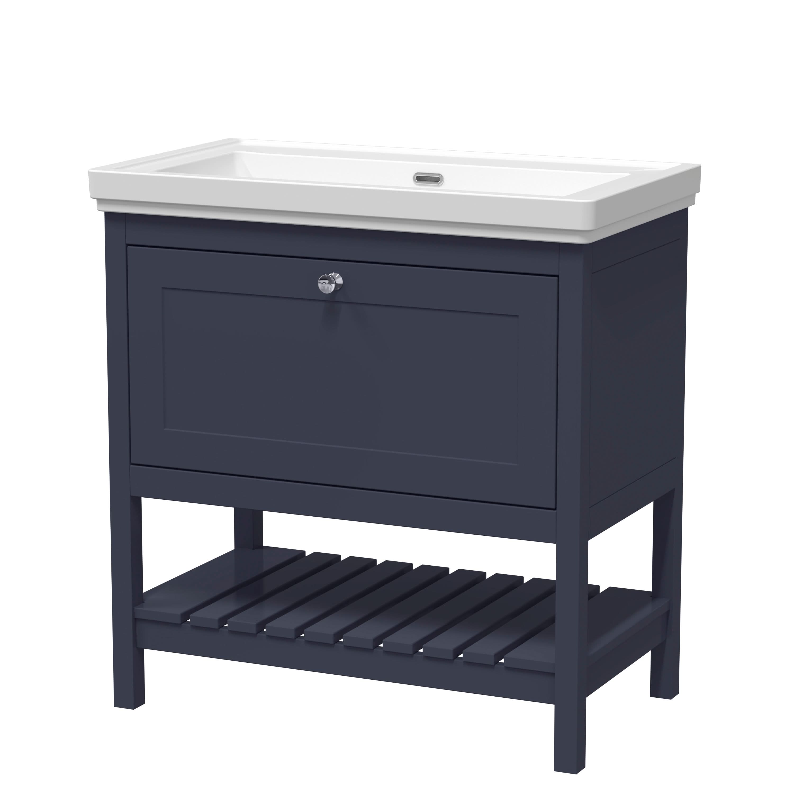 Old London Bexley Floor Standing 1 Drawer Vanity without Tap Hole Fireclay Basin, Stylish Vanity Unit with Basin, Indigo Blue, 800mm