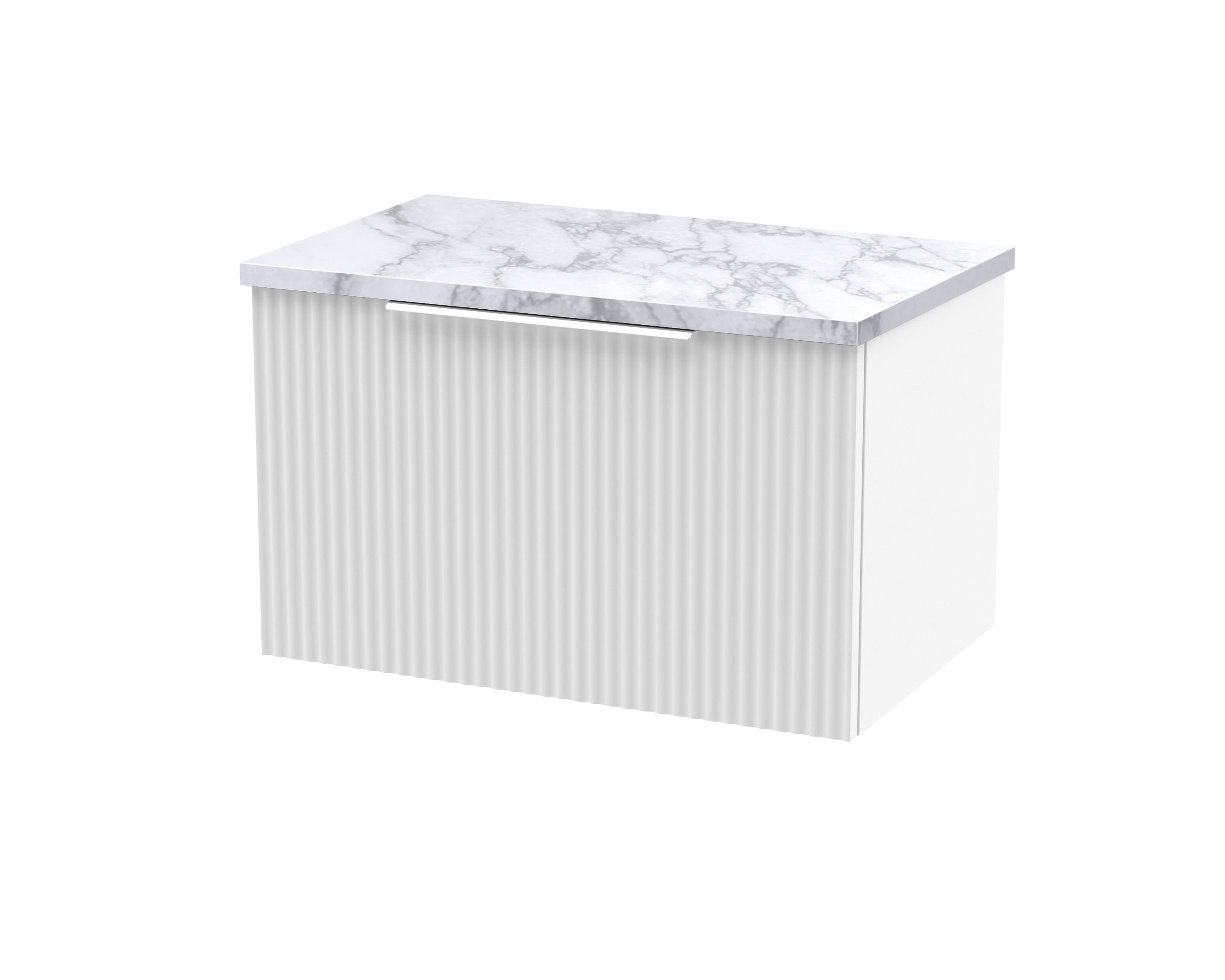 Hudson Reed Fluted Wall Hung 1-Drawer Vanity Unit & Carrera Marble Laminate Worktop, Counter Top Vanity Unit in Satin White, 600mm