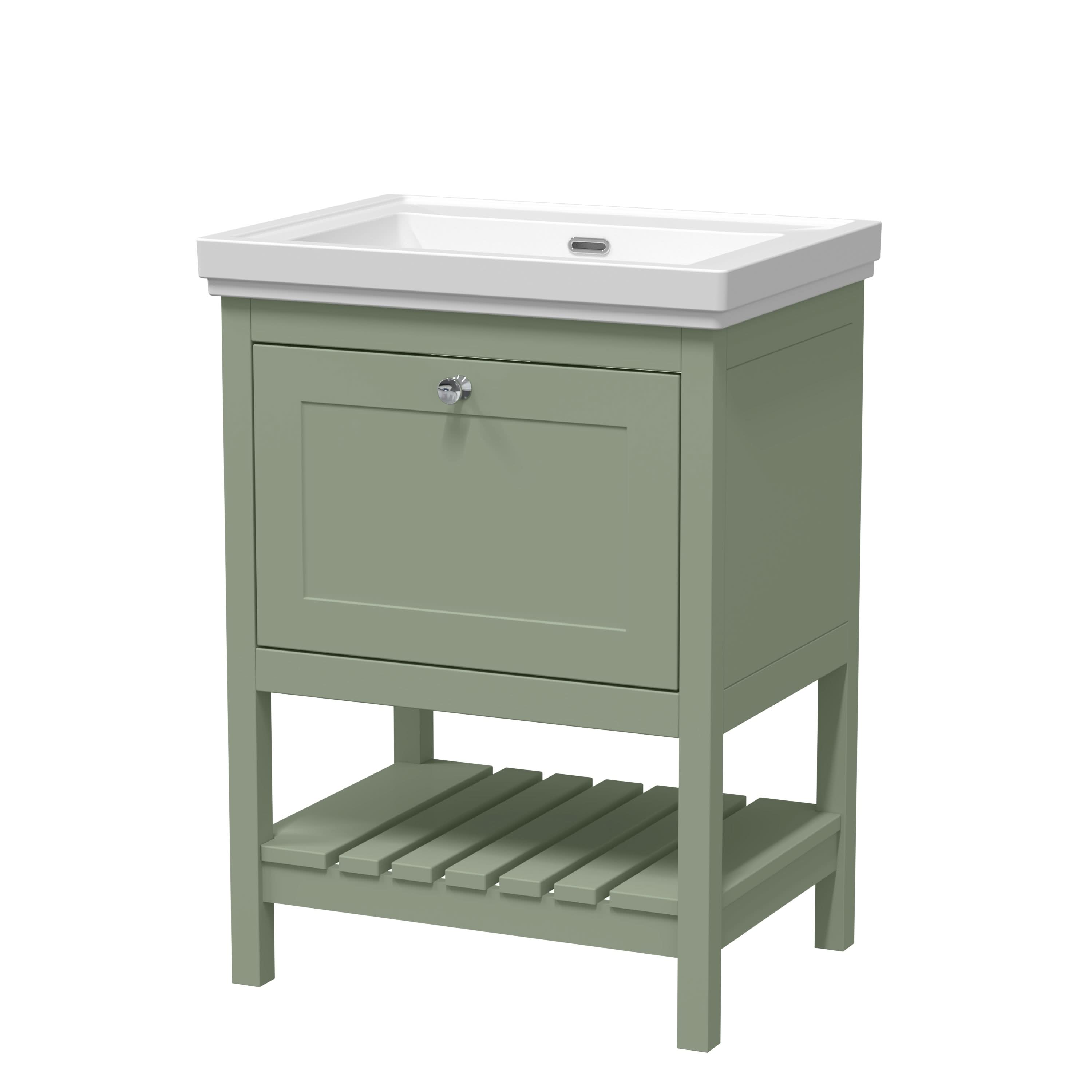Old London Bexley Floor Standing 1 Drawer Vanity without Tap Hole Fireclay Basin, Stylish Vanity Unit with Basin, Fern Green, 600mm