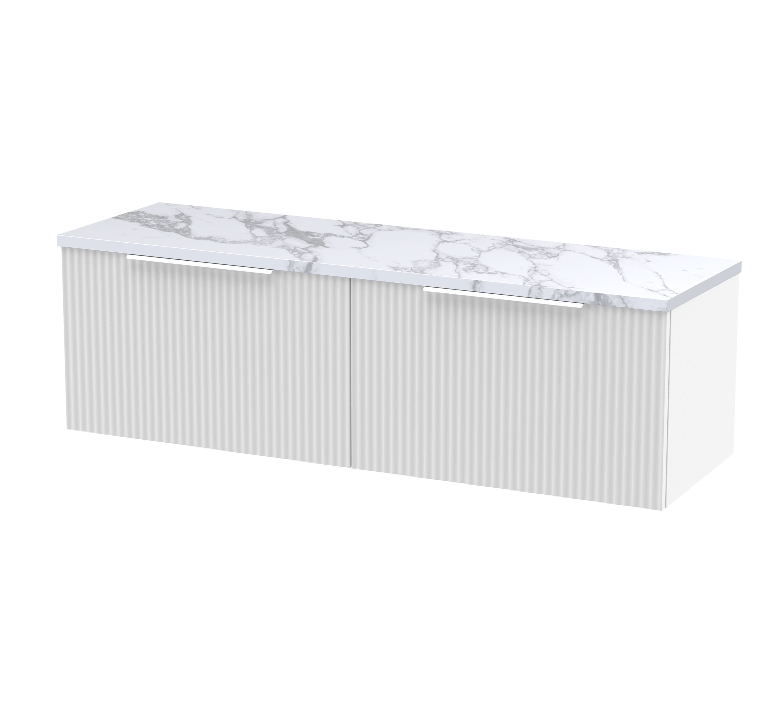 Hudson Reed Fluted Wall Hung 2-Drawer Vanity Unit & Carrera Marble Laminate Worktop, Counter Top Vanity Unit in Satin White, 1200mm