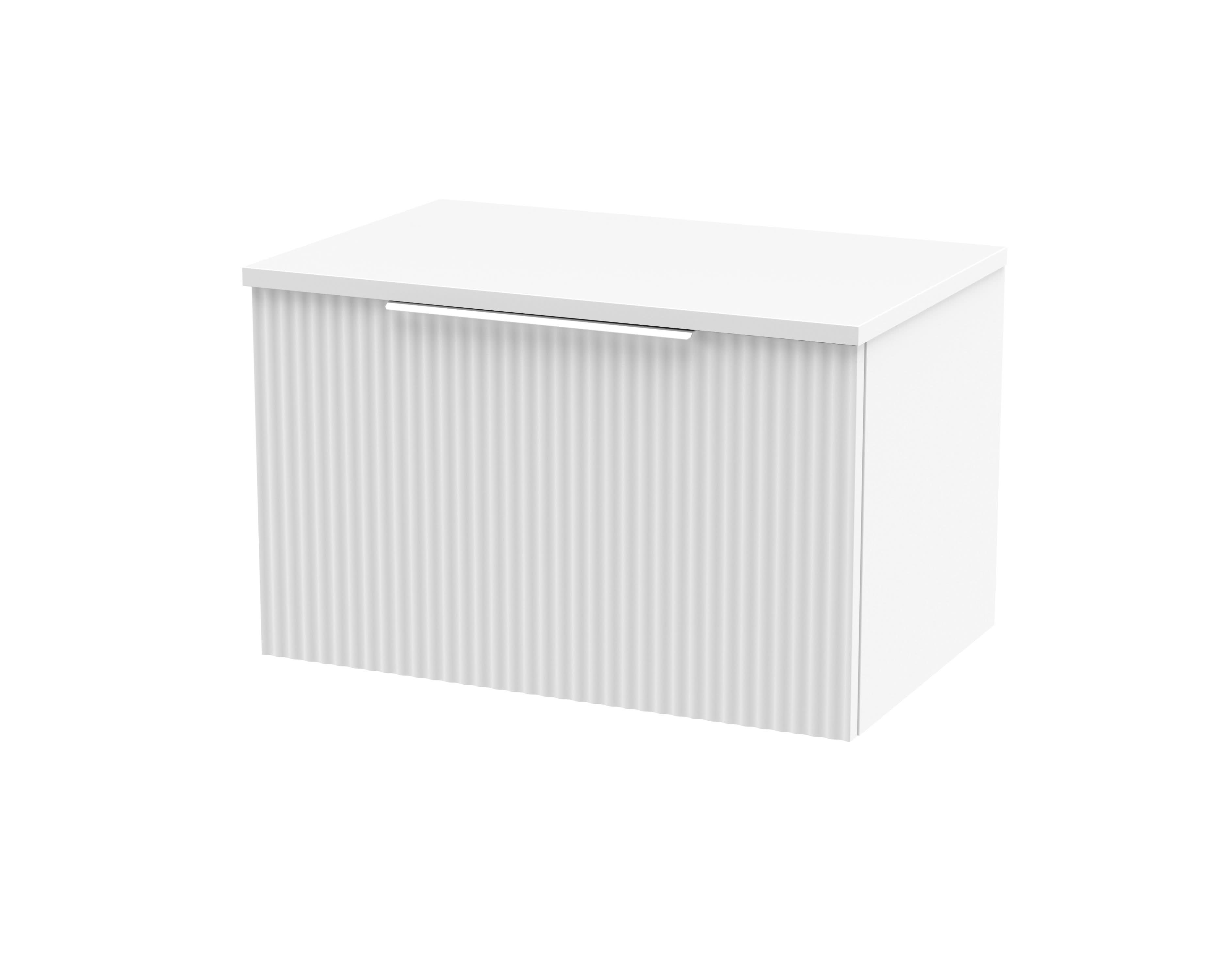 Hudson Reed Fluted Wall Hung 1-Drawer Vanity Unit & White Marble Laminate Worktop, Counter Top Vanity Unit in Satin White, 600mm