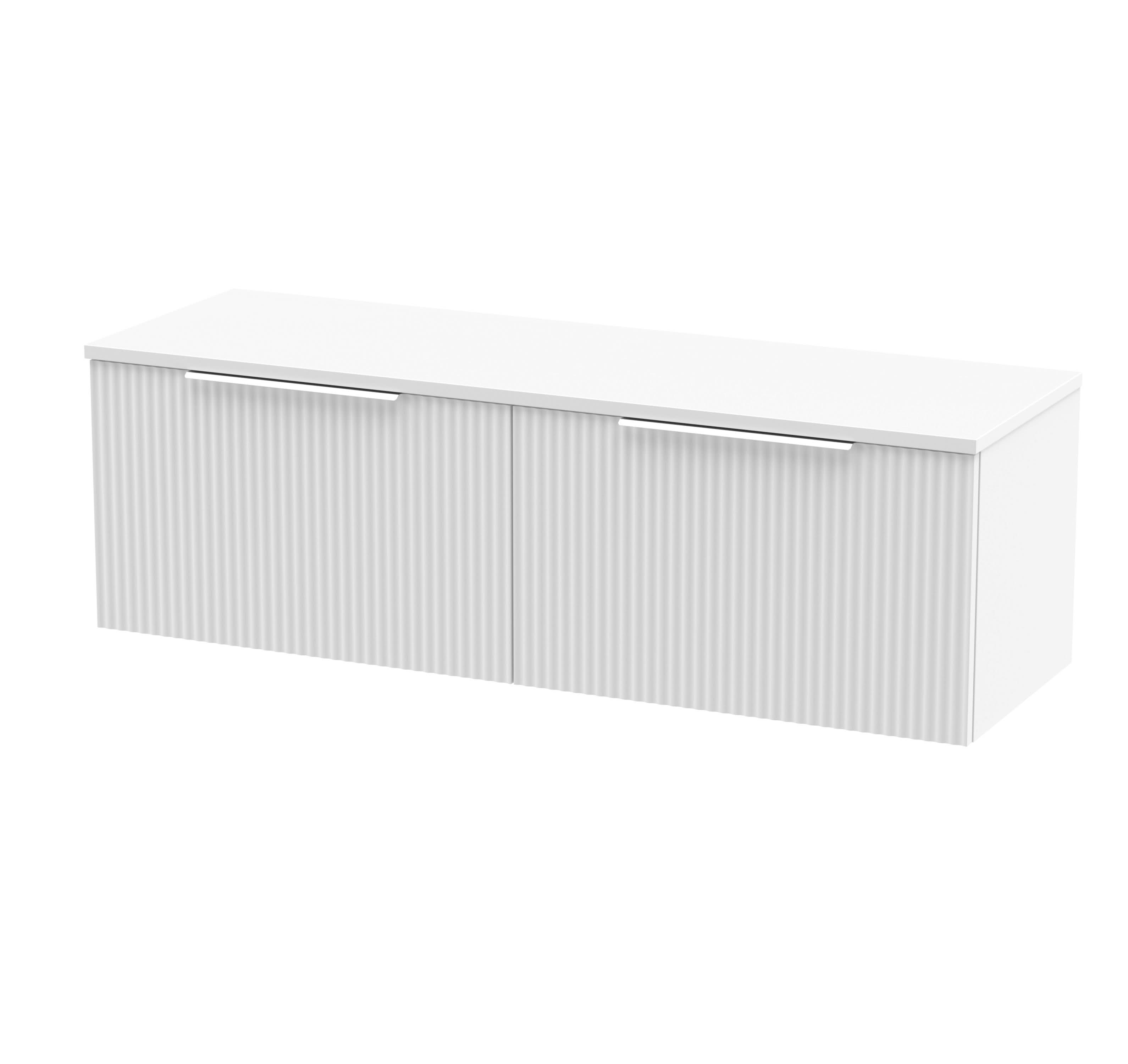 Hudson Reed Fluted Wall Hung 2-Drawer Vanity Unit & White Marble Laminate Worktop, Counter Top Vanity Unit in Satin White, 1200mm