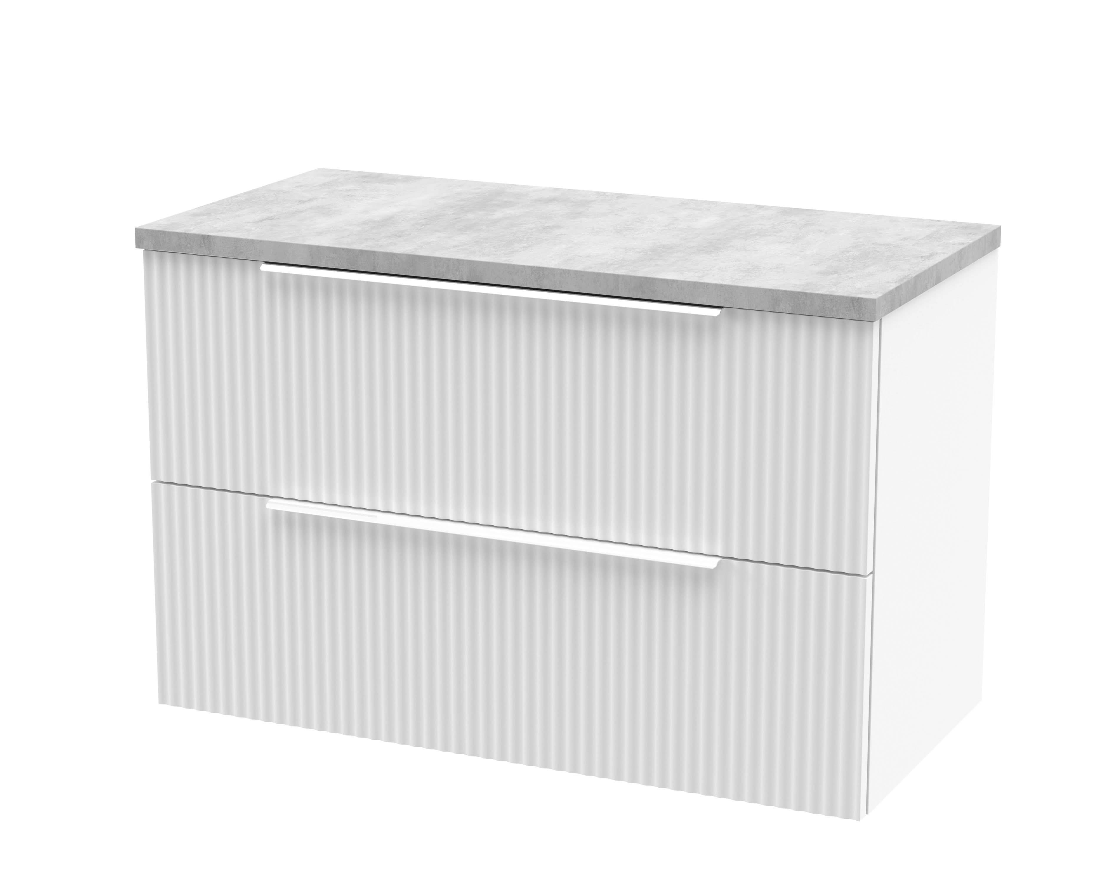 Hudson Reed Fluted Wall Hung 2-Drawer Vanity Unit & Bellato Grey Laminate Worktop, Counter Top Vanity Unit in Satin White, 800mm