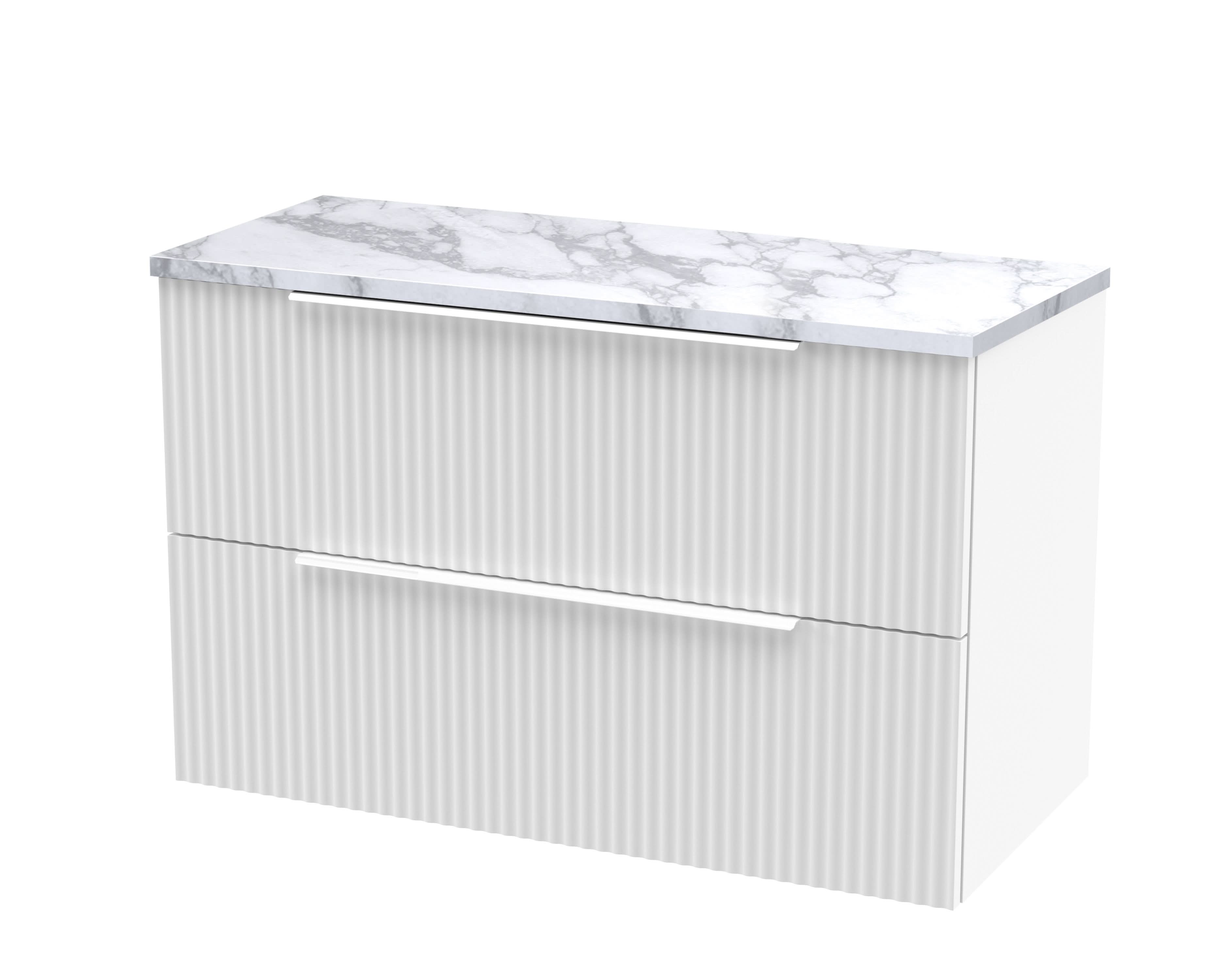 Hudson Reed Fluted Wall Hung 2-Drawer Vanity Unit & Carrera Marble Laminate Worktop, Counter Top Vanity Unit in Satin White, 800mm