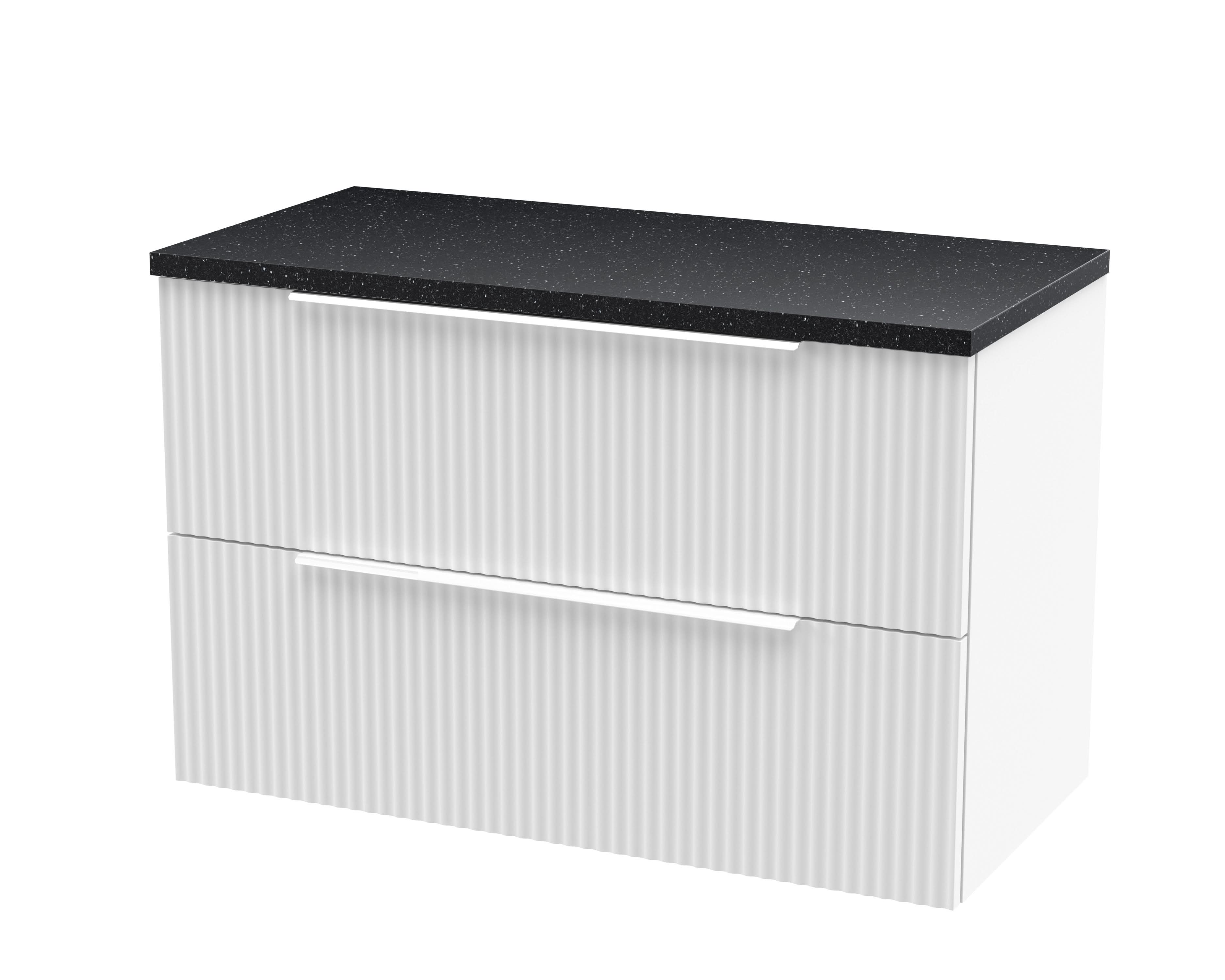 Hudson Reed Fluted Wall Hung 2-Drawer Vanity Unit & Black Laminate Worktop, Counter Top Vanity Unit in Satin White, 800mm