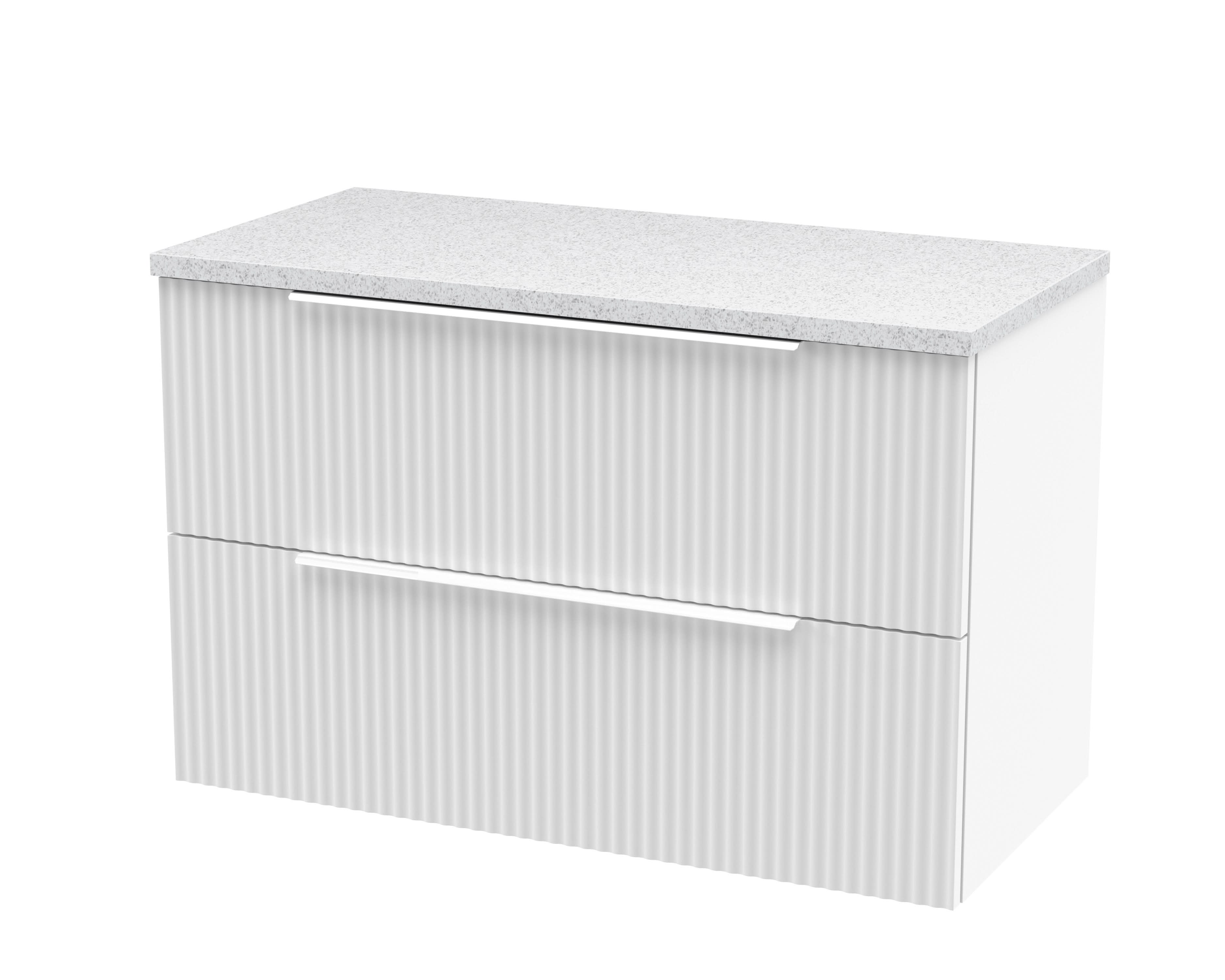 Hudson Reed Fluted Wall Hung 2-Drawer Vanity Unit & Sparkling White Laminate Worktop, Counter Top Vanity Unit in Satin White, 800mm