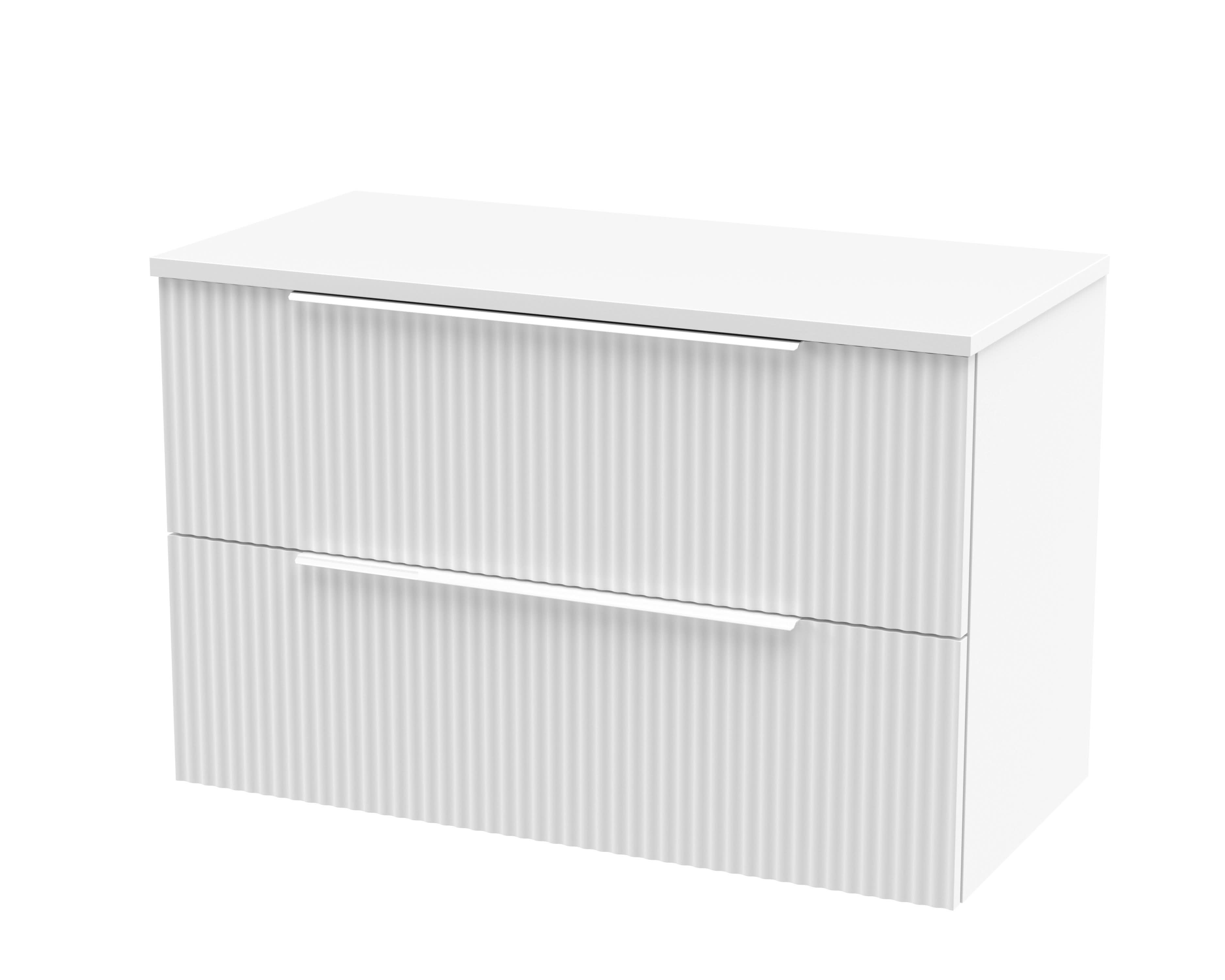 Hudson Reed Fluted Wall Hung 2-Drawer Vanity Unit & White Marble Laminate Worktop, Counter Top Vanity Unit in Satin White, 800mm