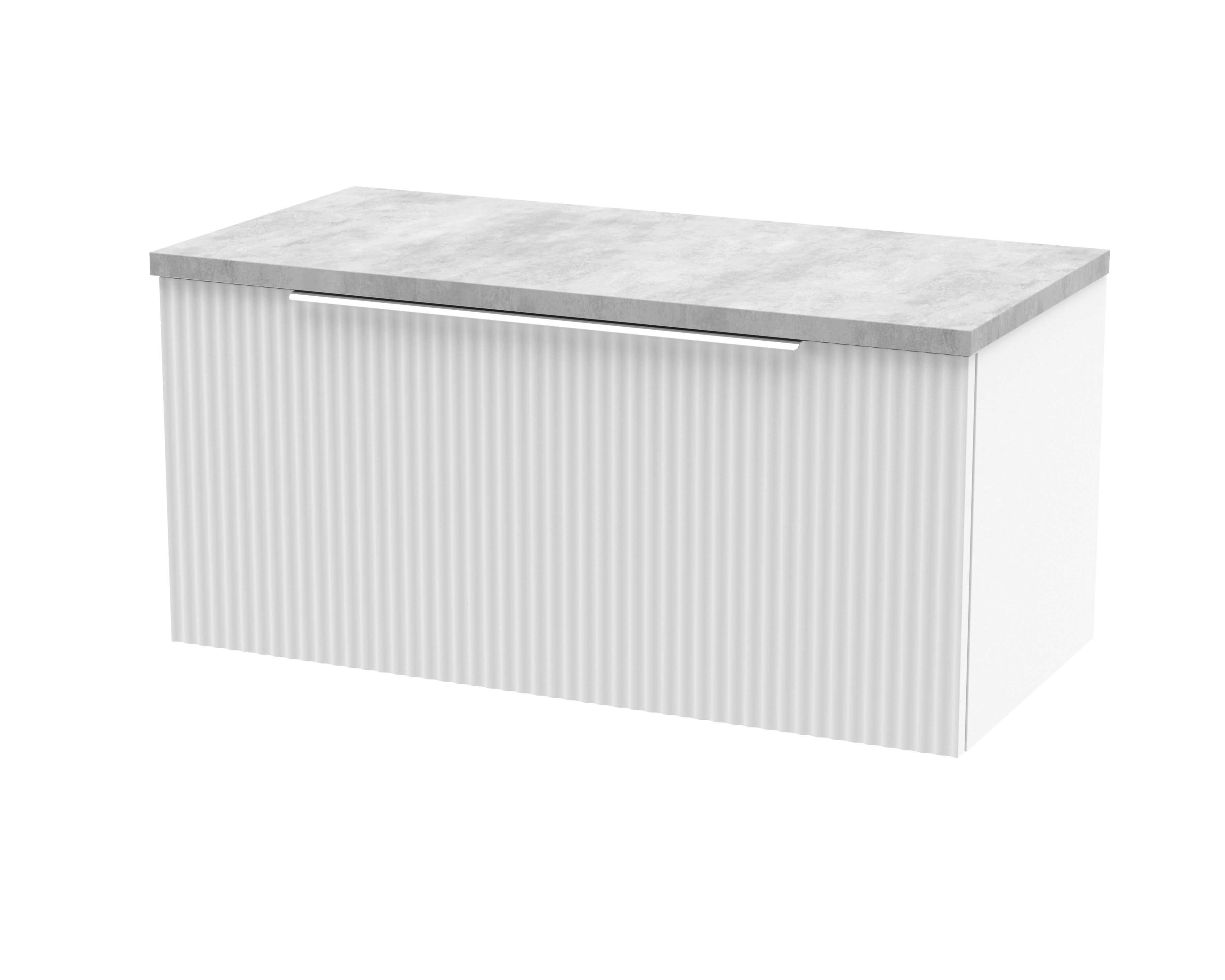 Hudson Reed Fluted Wall Hung 1-Drawer Vanity Unit & Bellato Grey Laminate Worktop, Counter Top Vanity Unit in Satin White, 800mm