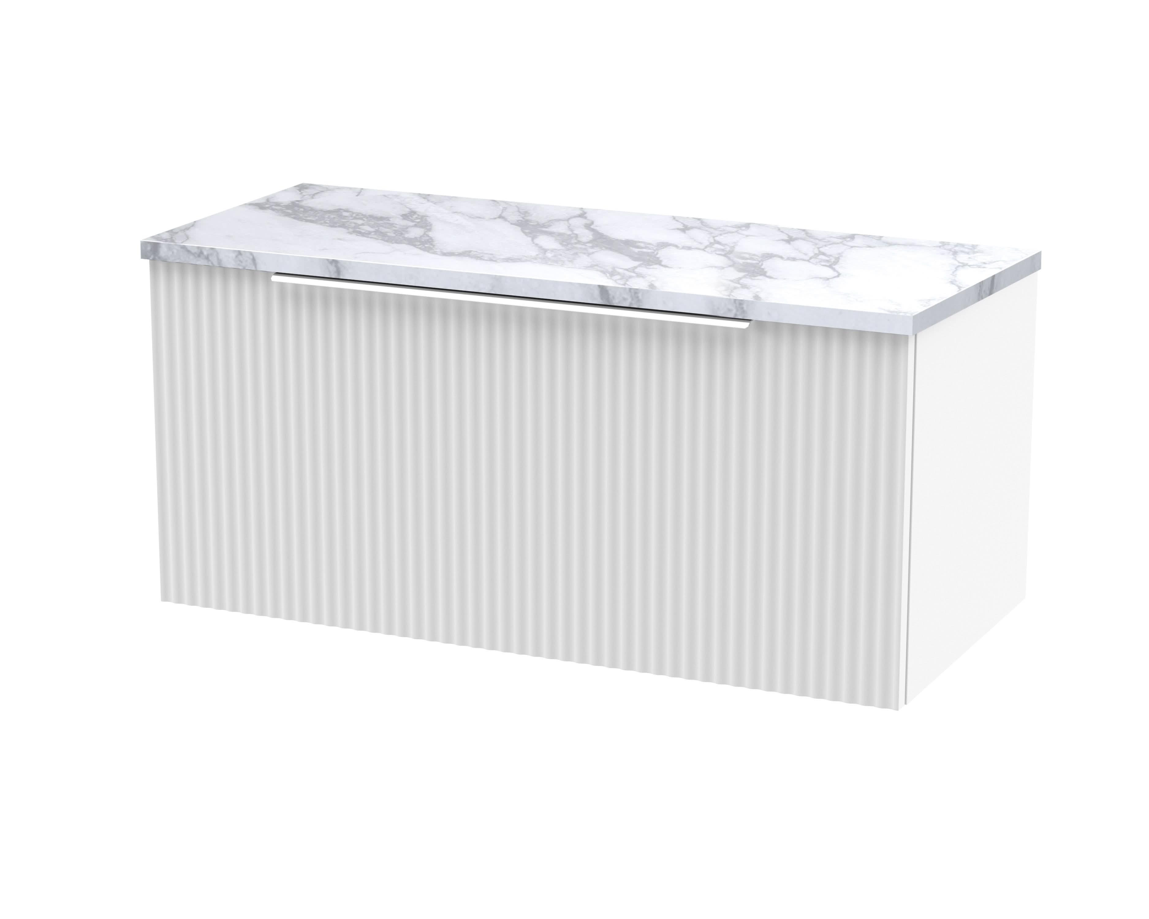 Hudson Reed Fluted Wall Hung 1-Drawer Vanity Unit & Carrera Marble Laminate Worktop, Counter Top Vanity Unit in Satin White, 800mm