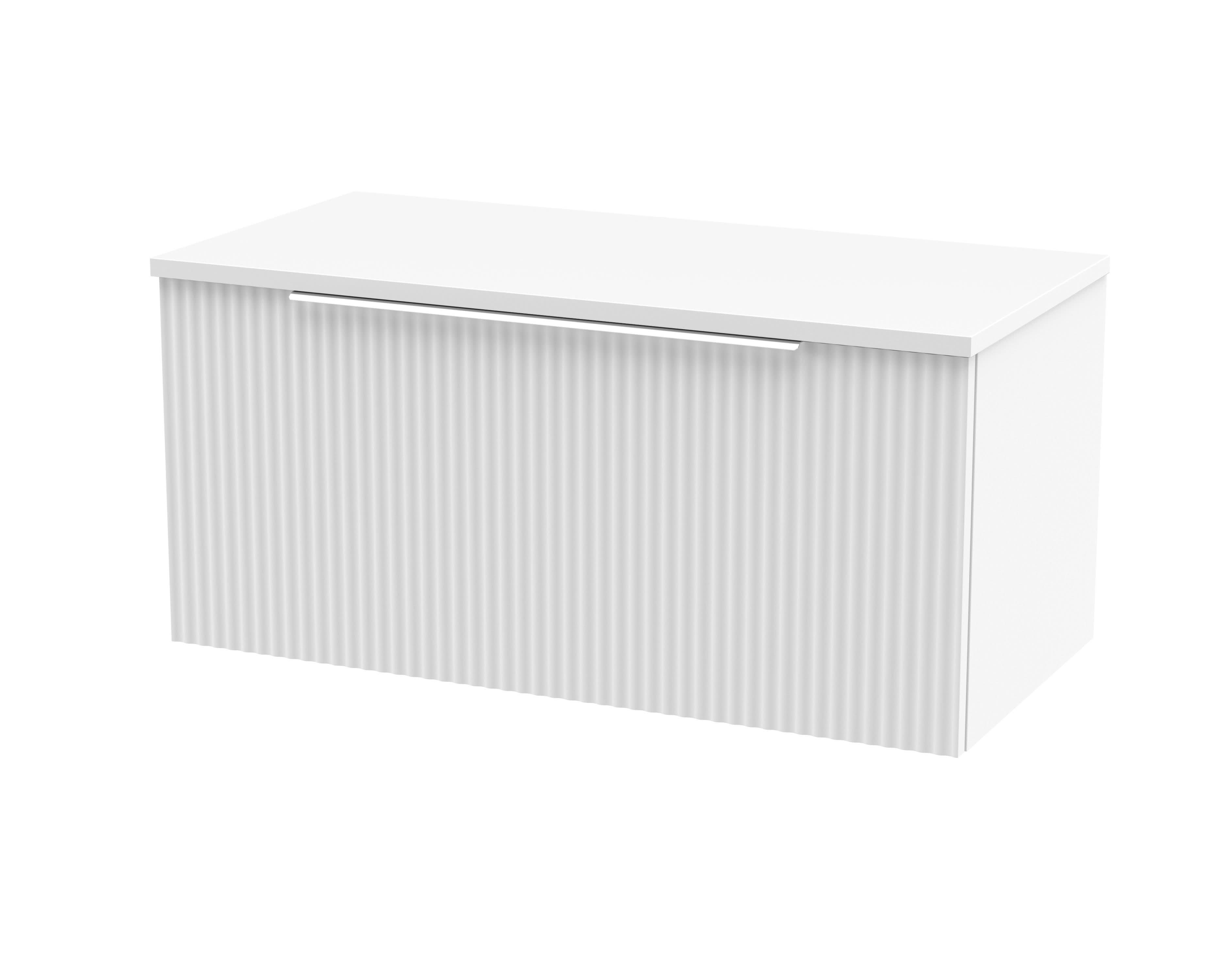 Hudson Reed Fluted Wall Hung 1-Drawer Vanity Unit & White Worktop, Stylish Counter Top Vanity Unit in Satin White, 800mm