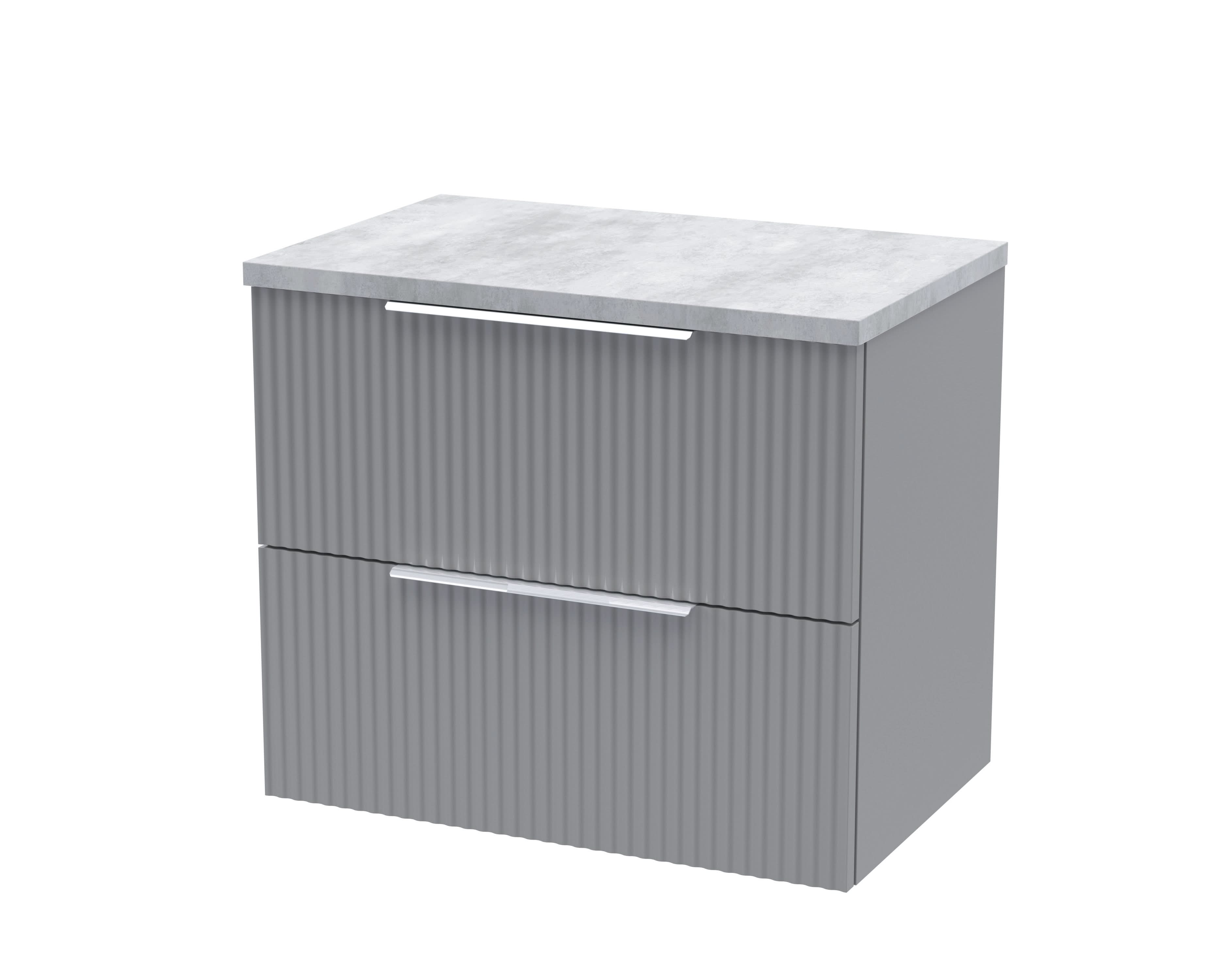 Hudson Reed Fluted Wall Hung 2-Drawer Vanity Unit & Bellato Grey Laminate Worktop, Counter Top Vanity Unit in Satin Grey, 600mm