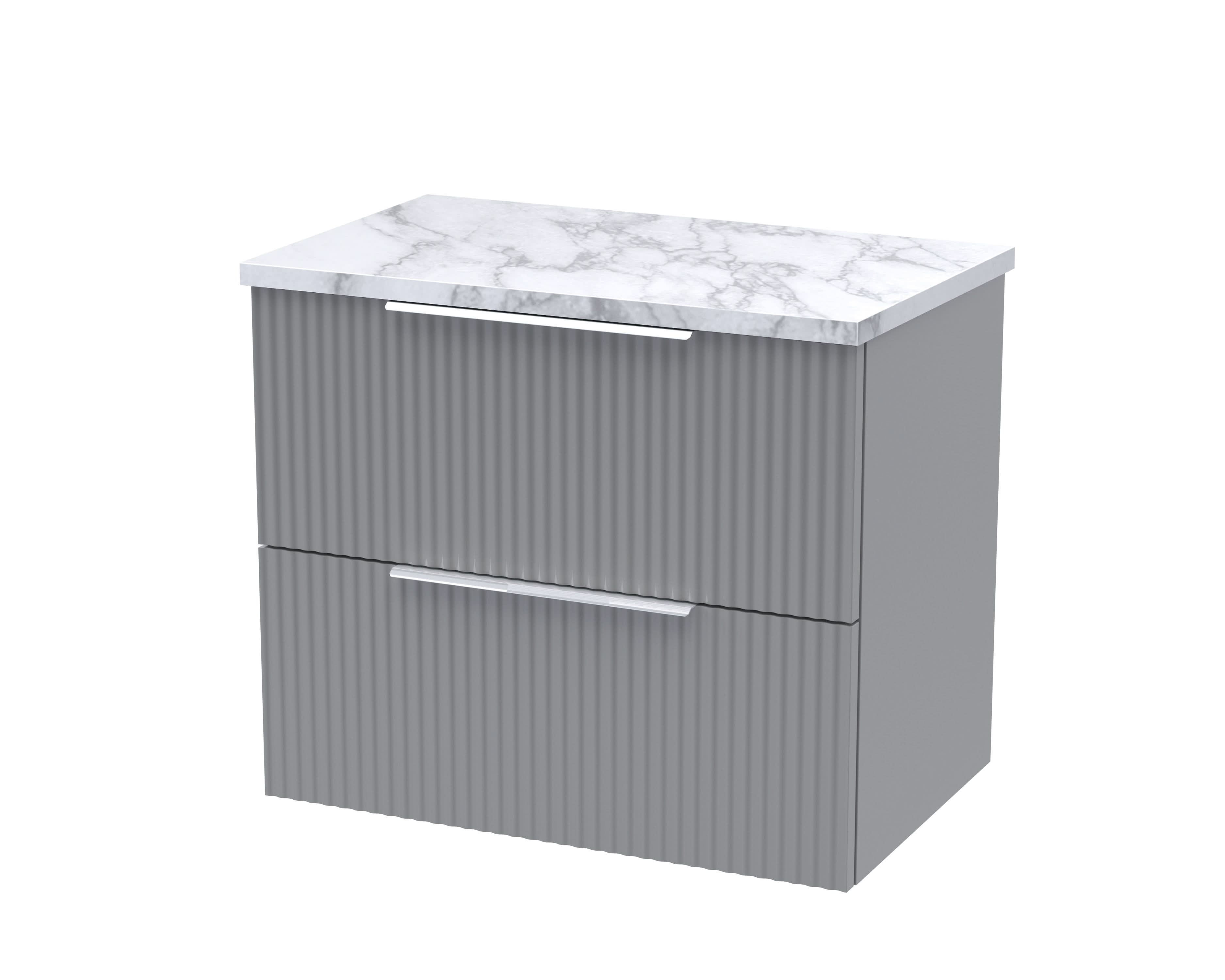 Hudson Reed Fluted Wall Hung 2-Drawer Vanity Unit & Carrera Marble Laminate Worktop, Counter Top Vanity Unit in Satin Grey, 600mm