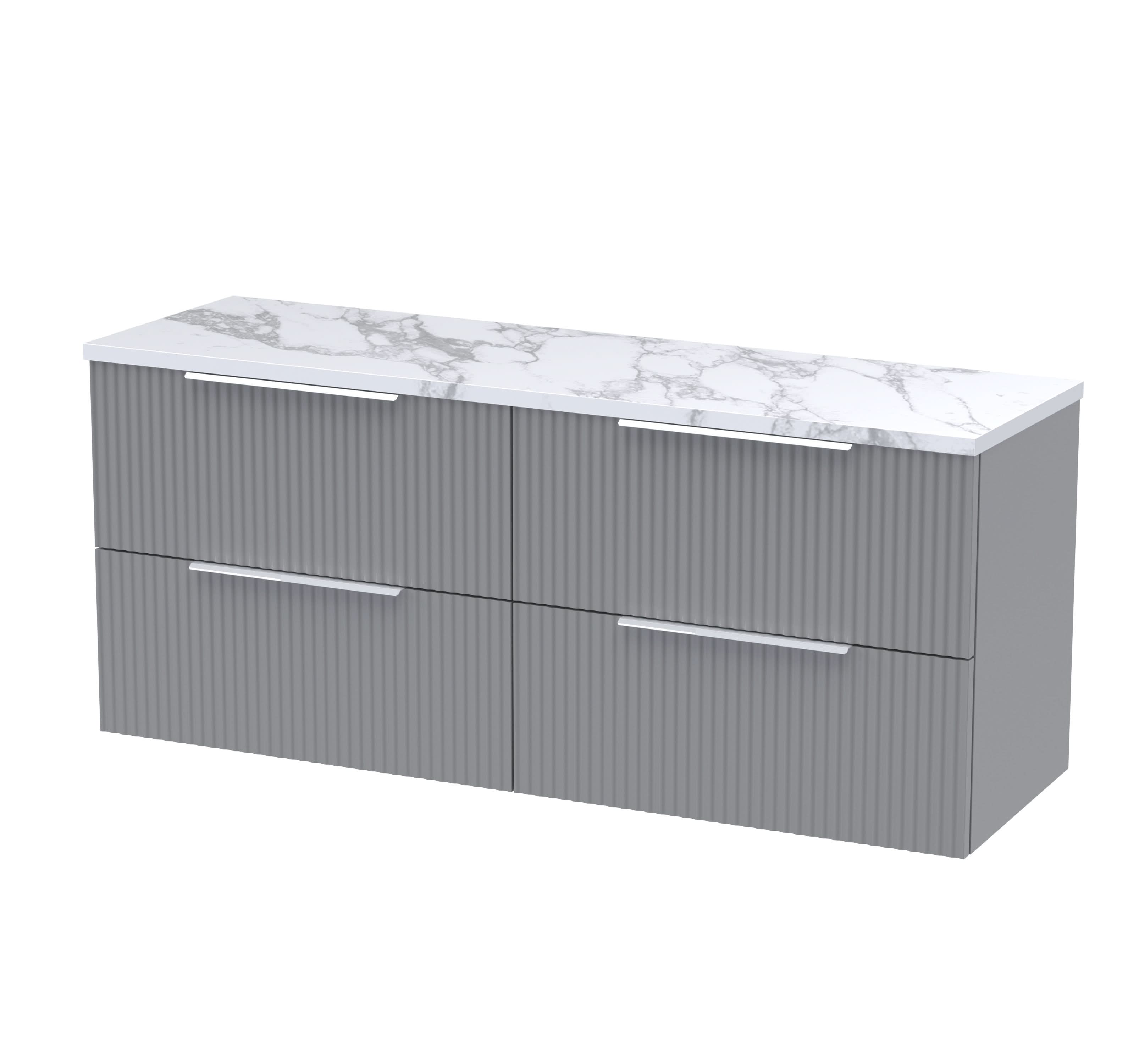 Hudson Reed Fluted Wall Hung 4-Drawer Vanity Unit & Carrera Marble Laminate Worktop, Counter Top Vanity Unit in Satin Grey, 1200mm