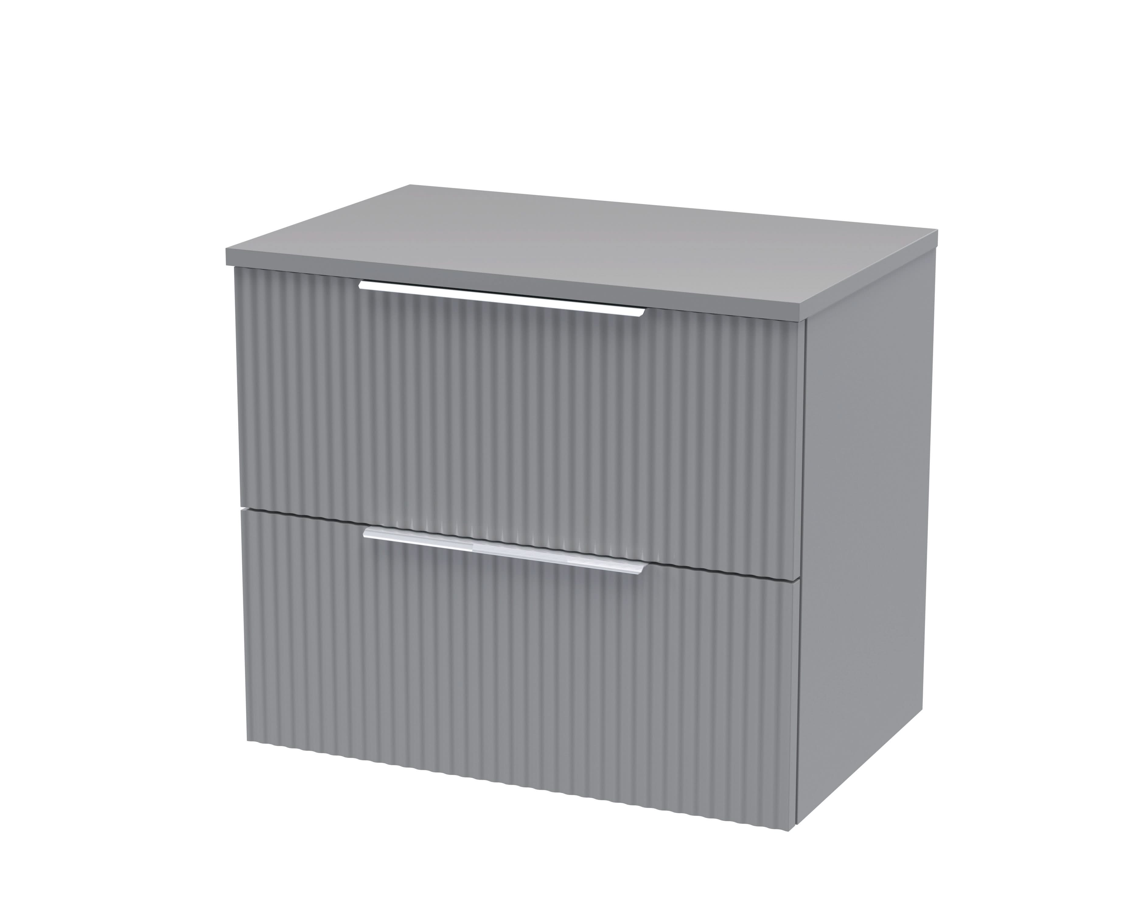 Hudson Reed Fluted Wall Hung 2-Drawer Vanity Unit & Grey Laminate Worktop, Counter Top Vanity Unit in Satin Grey, 600mm