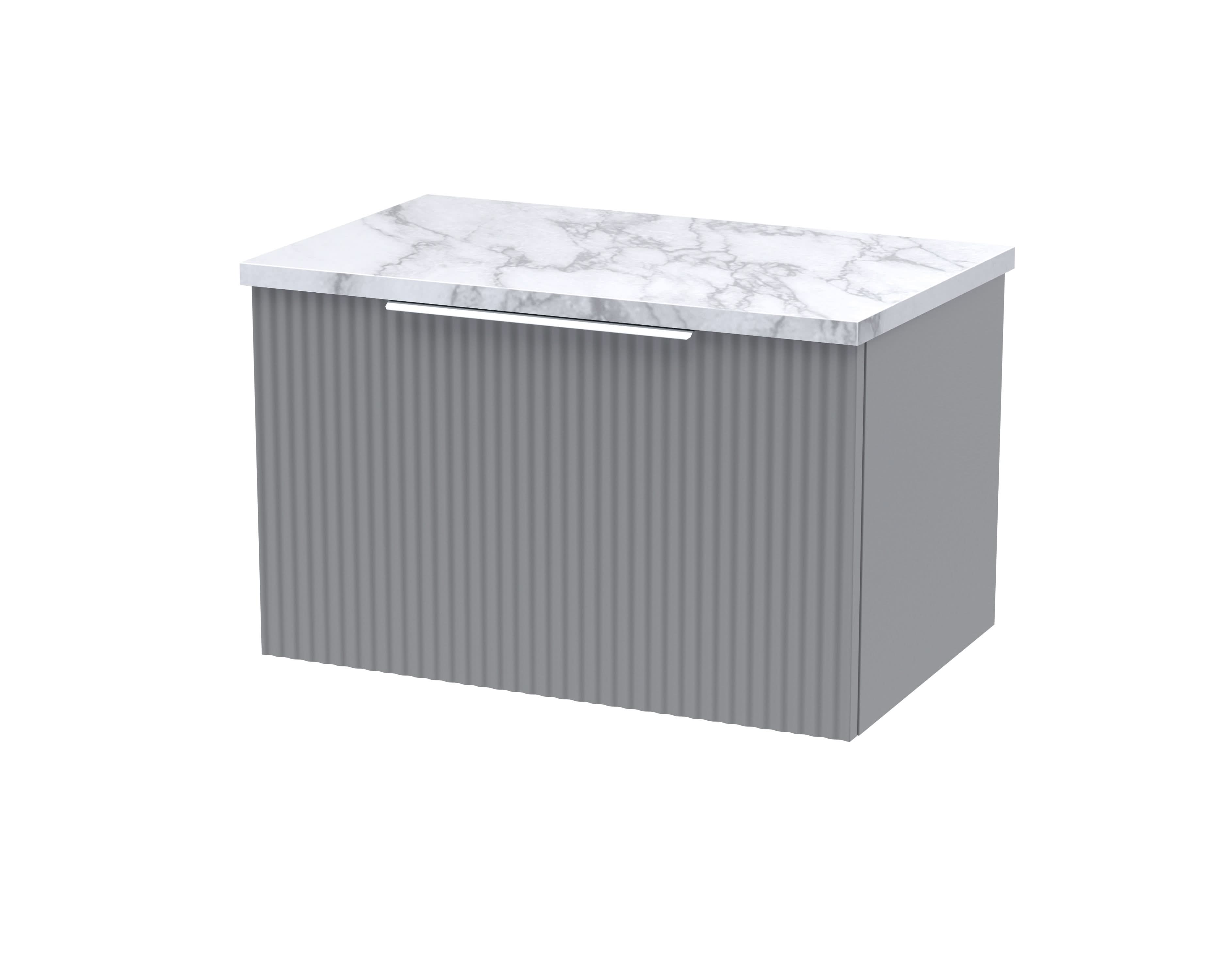 Hudson Reed Fluted Wall Hung 1-Drawer Vanity Unit & Carrera Marble Laminate Worktop, Counter Top Vanity Unit in Satin Grey, 600mm