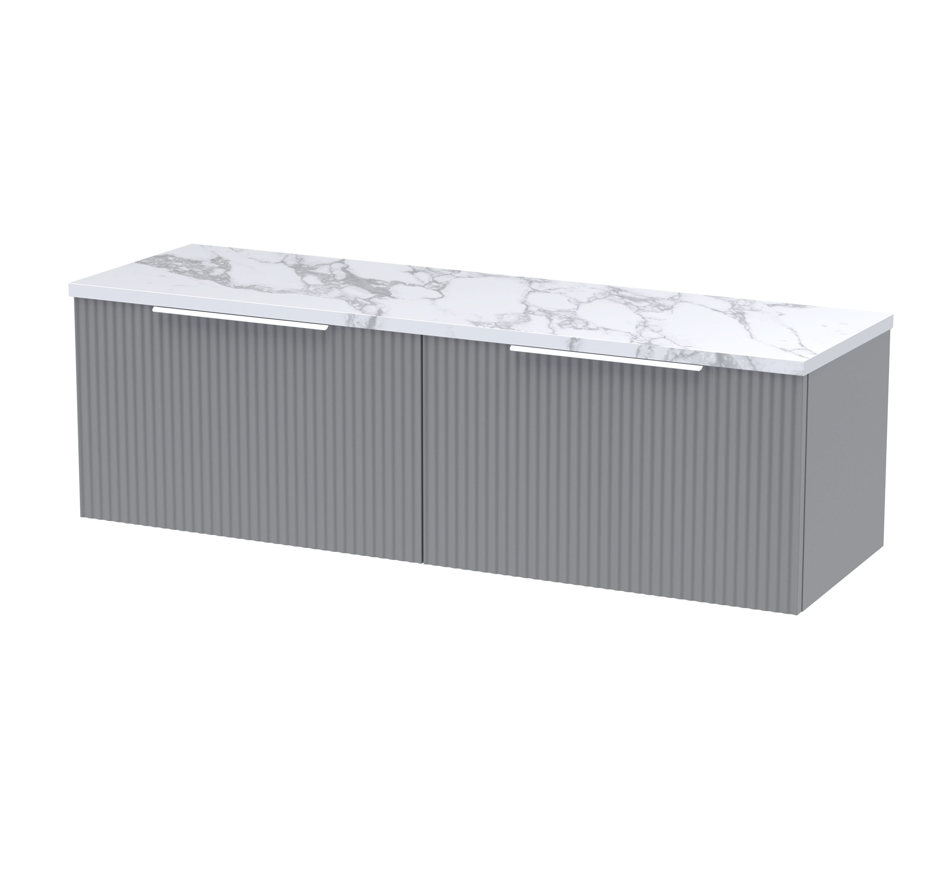 Hudson Reed Fluted Wall Hung 2-Drawer Vanity Unit & Carrera Marble Laminate Worktop, Counter Top Vanity Unit in Satin Grey, 1200mm