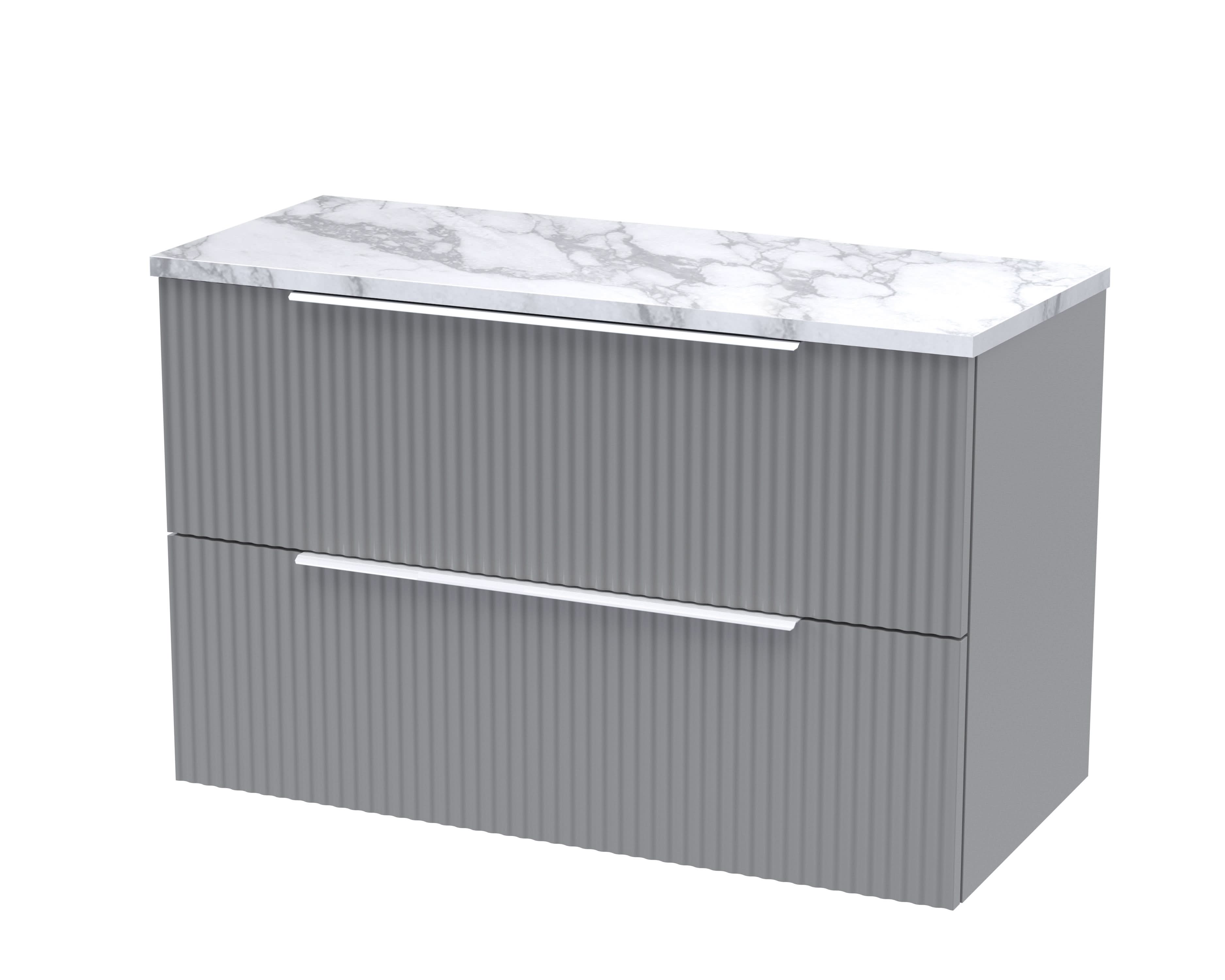 Hudson Reed Fluted Wall Hung 2-Drawer Vanity Unit & Carrera Marble Laminate Worktop, Counter Top Vanity Unit in Satin Grey, 800mm