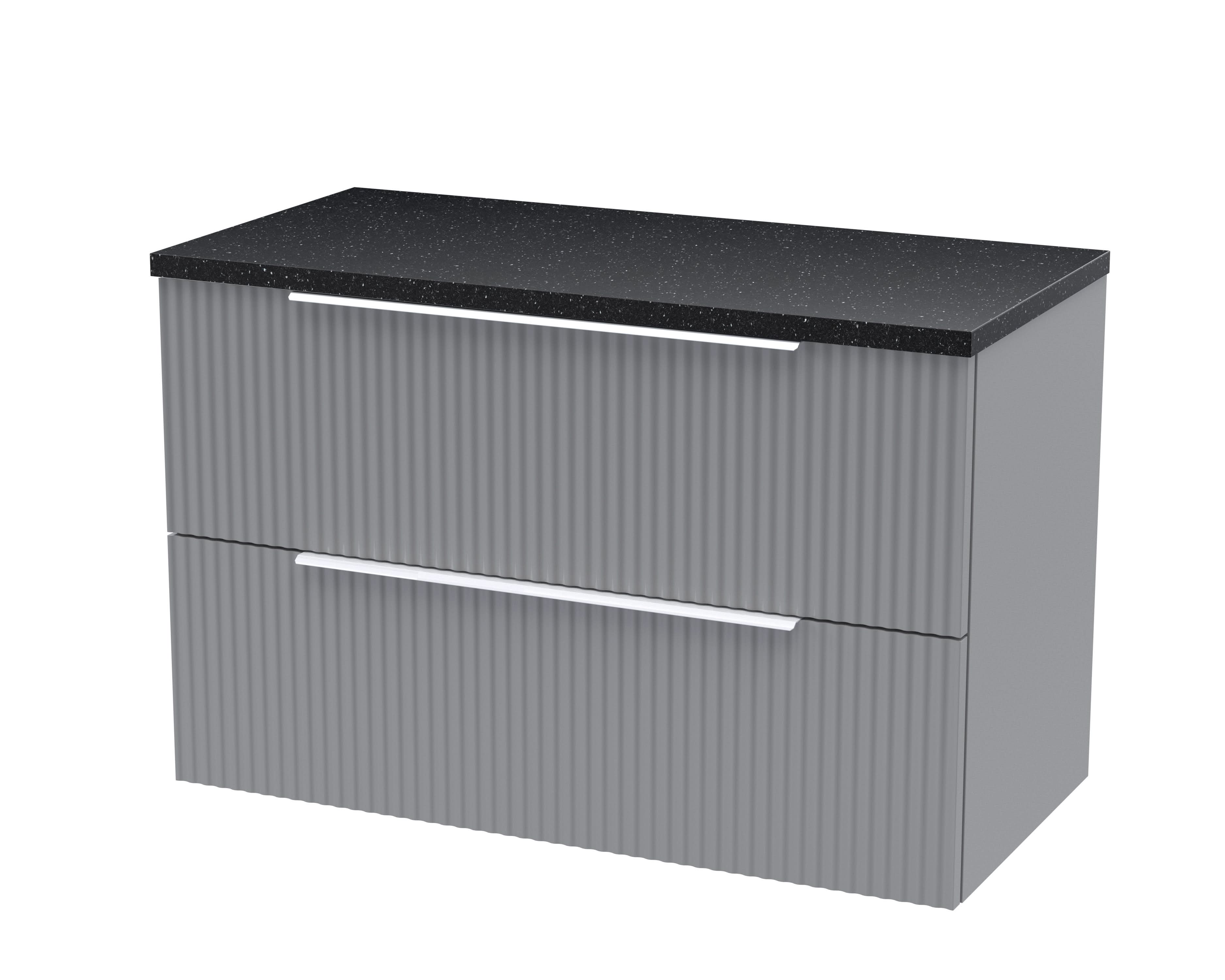 Hudson Reed Fluted Wall Hung 2-Drawer Vanity Unit & Black Laminate Worktop, Counter Top Vanity Unit in Satin Grey, 800mm