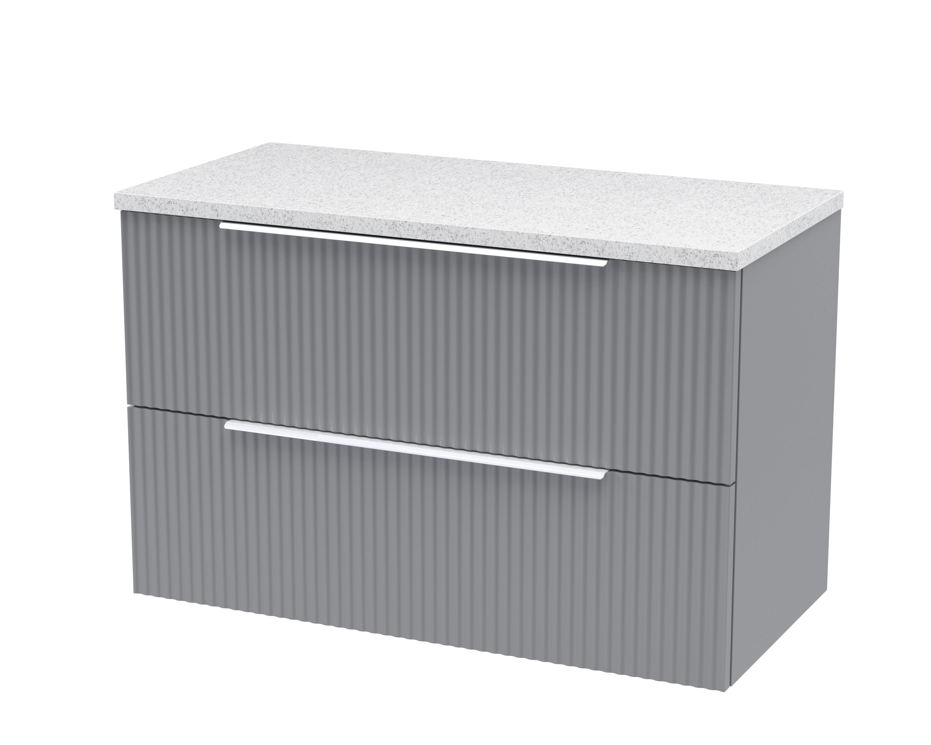 Hudson Reed Fluted Wall Hung 2-Drawer Vanity Unit & Sparkling White Laminate Worktop, Counter Top Vanity Unit in Satin Grey, 800mm