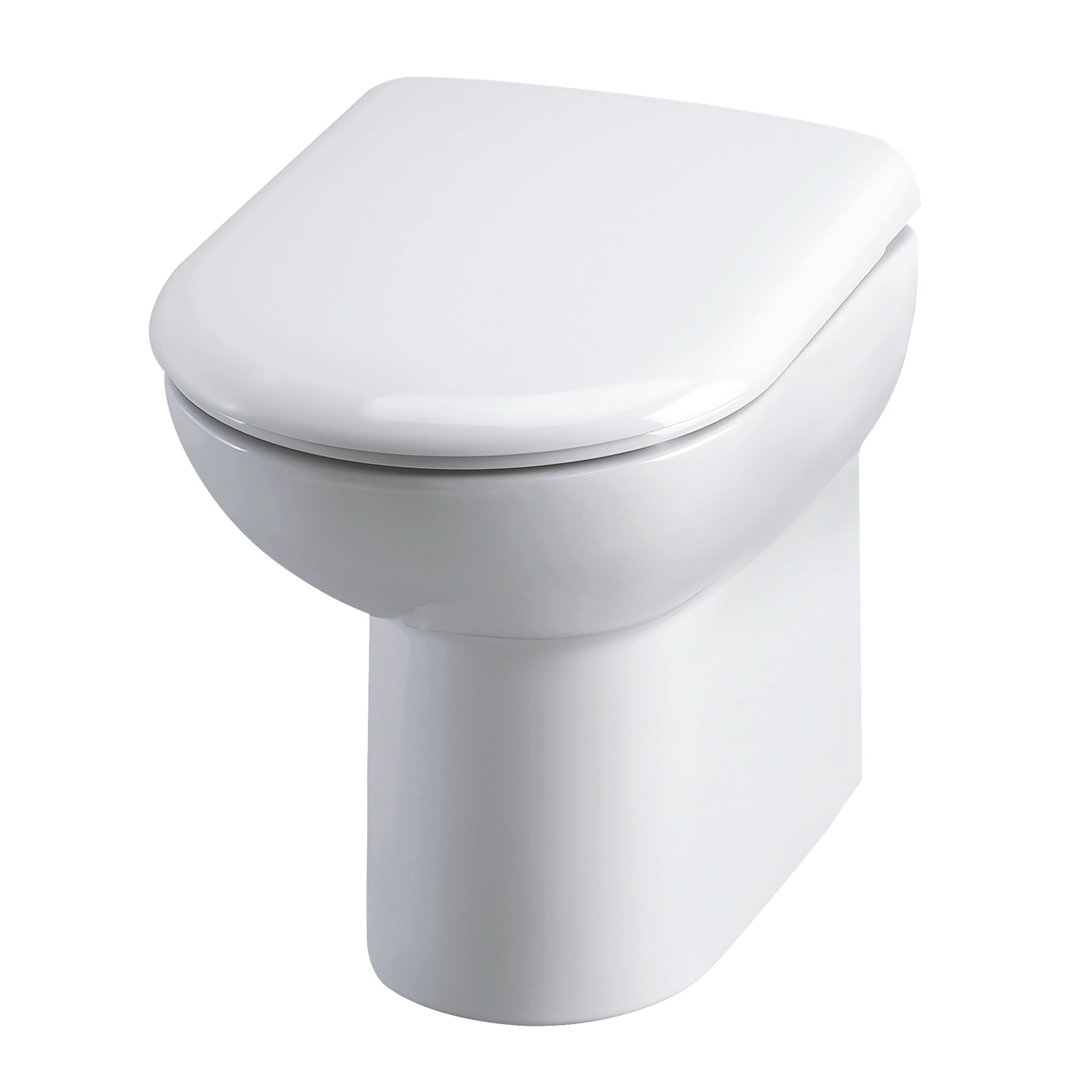 The Nuie Lawton Comfort Height Back To Wall Toilet in white by Nuie features a sleek, modern ceramic design with a closed lid and rectangular base, shown against a plain white background.