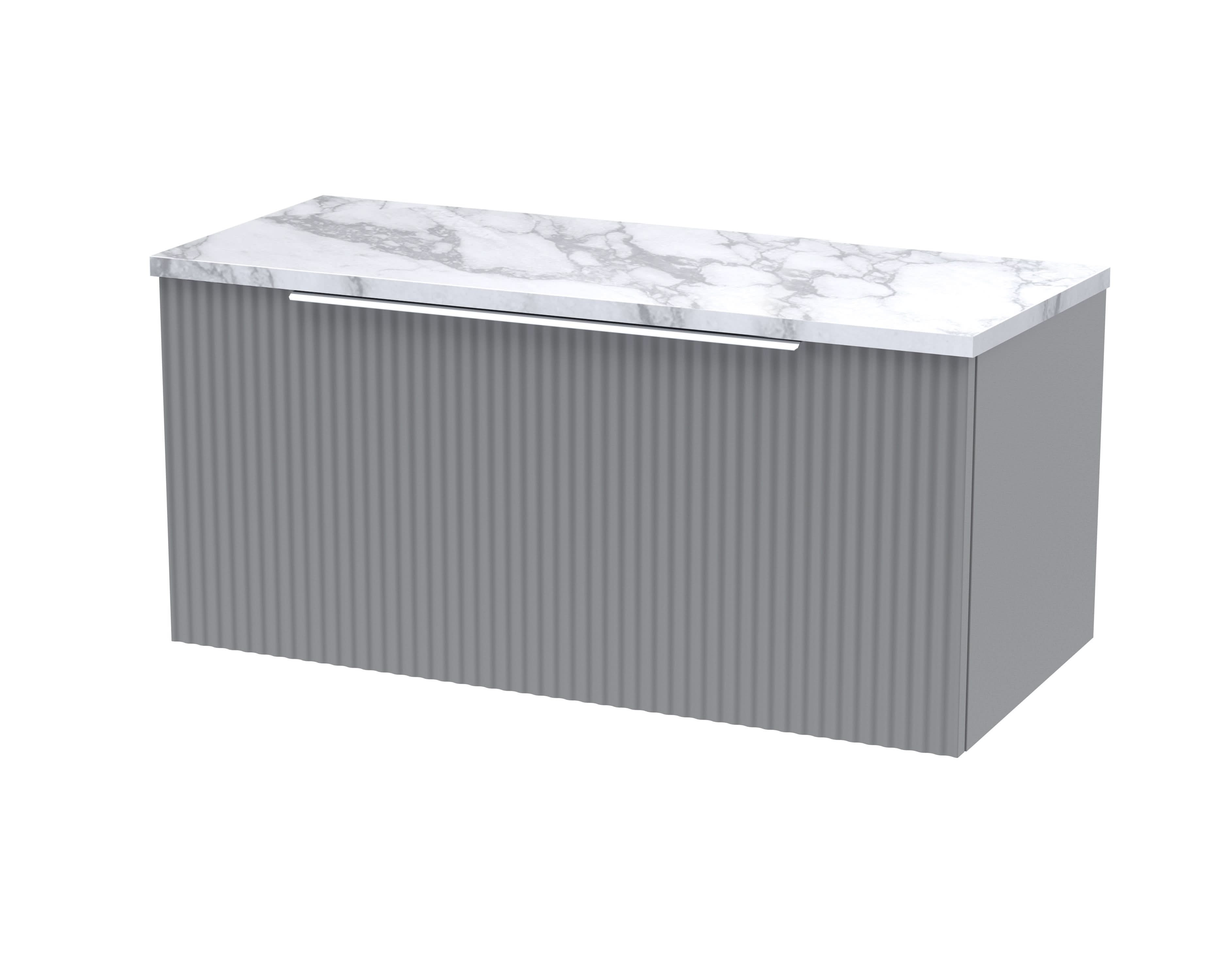 Hudson Reed Fluted Wall Hung 1-Drawer Vanity Unit & Carrera Marble Laminate Worktop, Counter Top Vanity Unit in Satin Grey, 800mm
