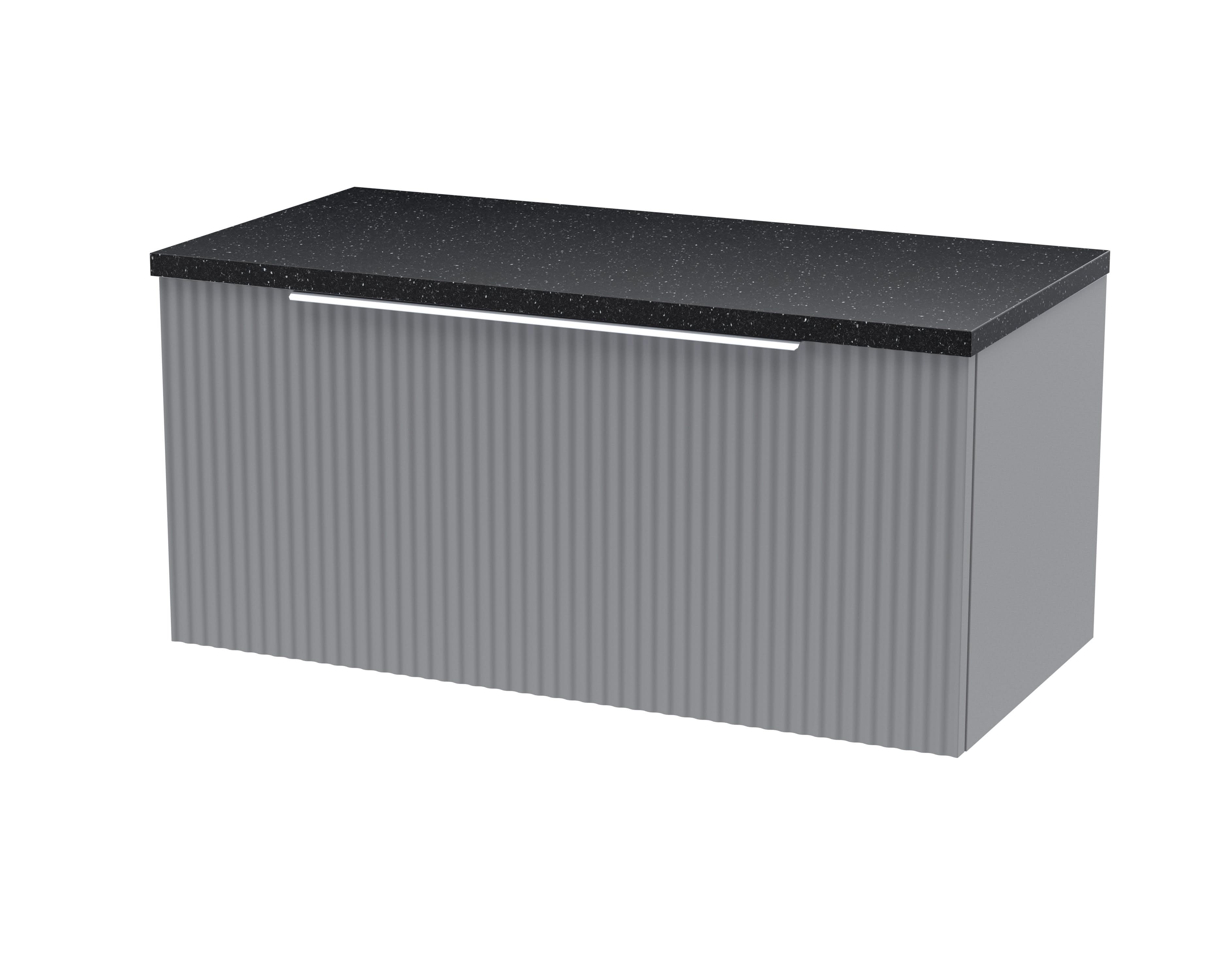 Hudson Reed Fluted Wall Hung 1-Drawer Vanity Unit & Black Laminate Worktop, Counter Top Vanity Unit in Satin Grey, 800mm