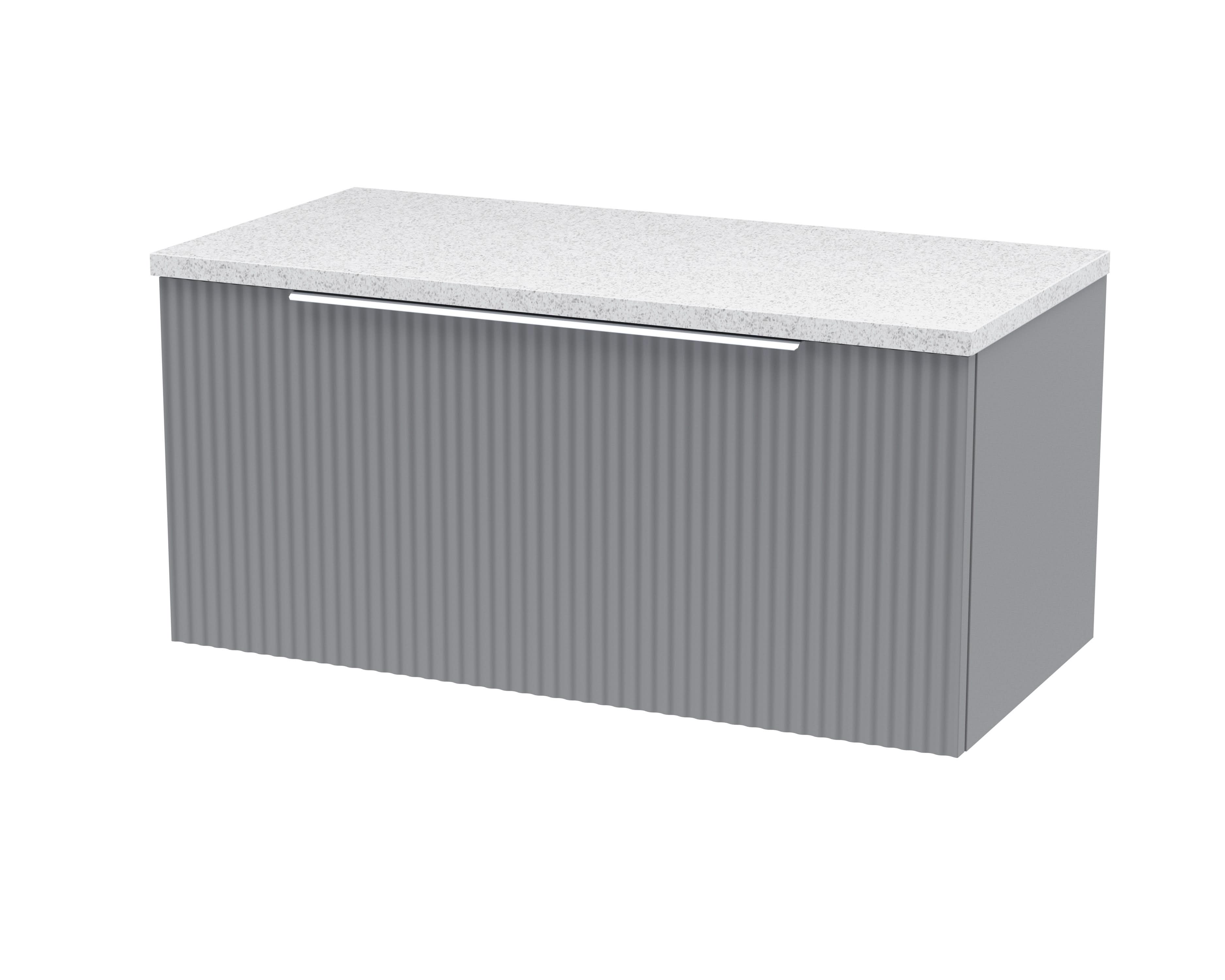 Hudson Reed Fluted Wall Hung 1-Drawer Vanity Unit & Sparkling White Laminate Worktop, Counter Top Vanity Unit in Satin Grey, 800mm