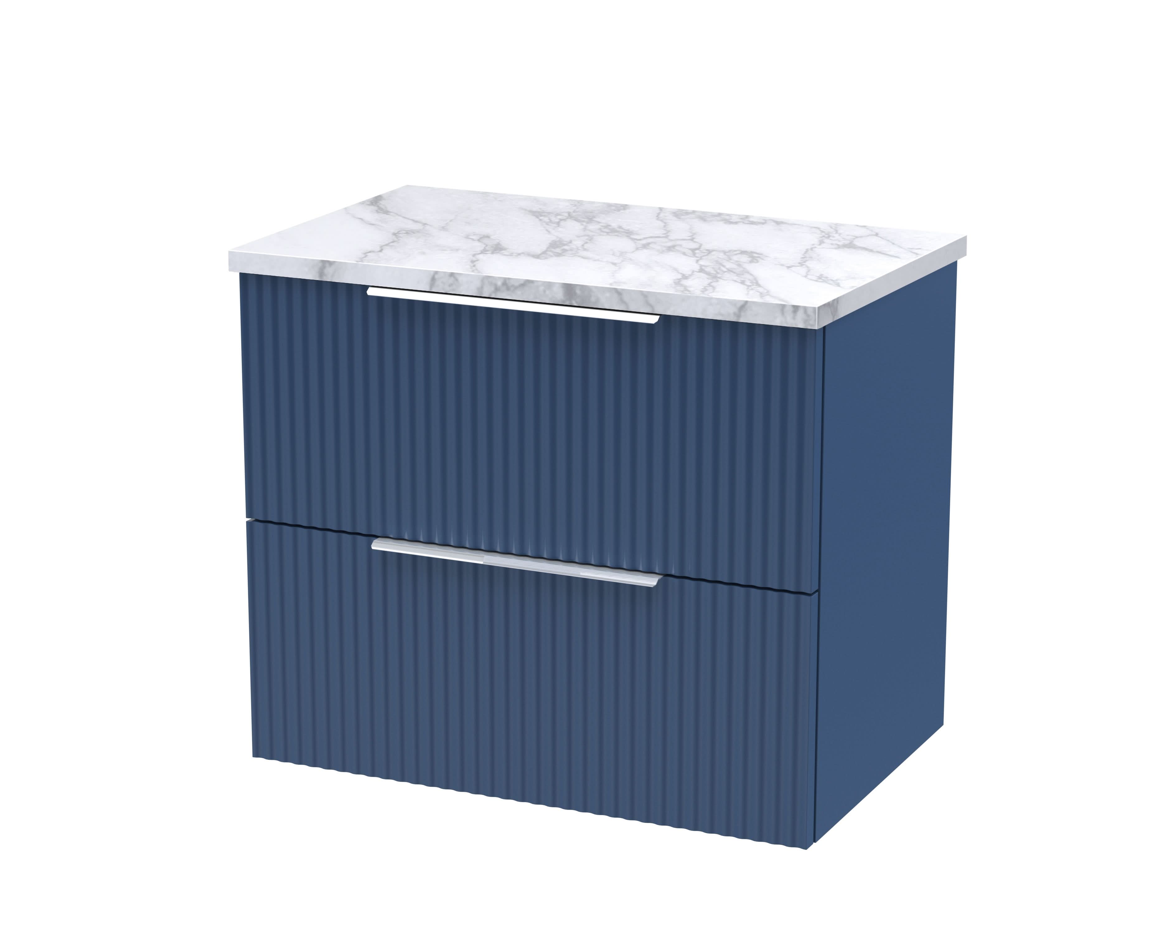 Hudson Reed Fluted Wall Hung 2-Drawer Vanity Unit & Carrera Marble Laminate Worktop, Counter Top Vanity Unit in Satin Blue, 600mm