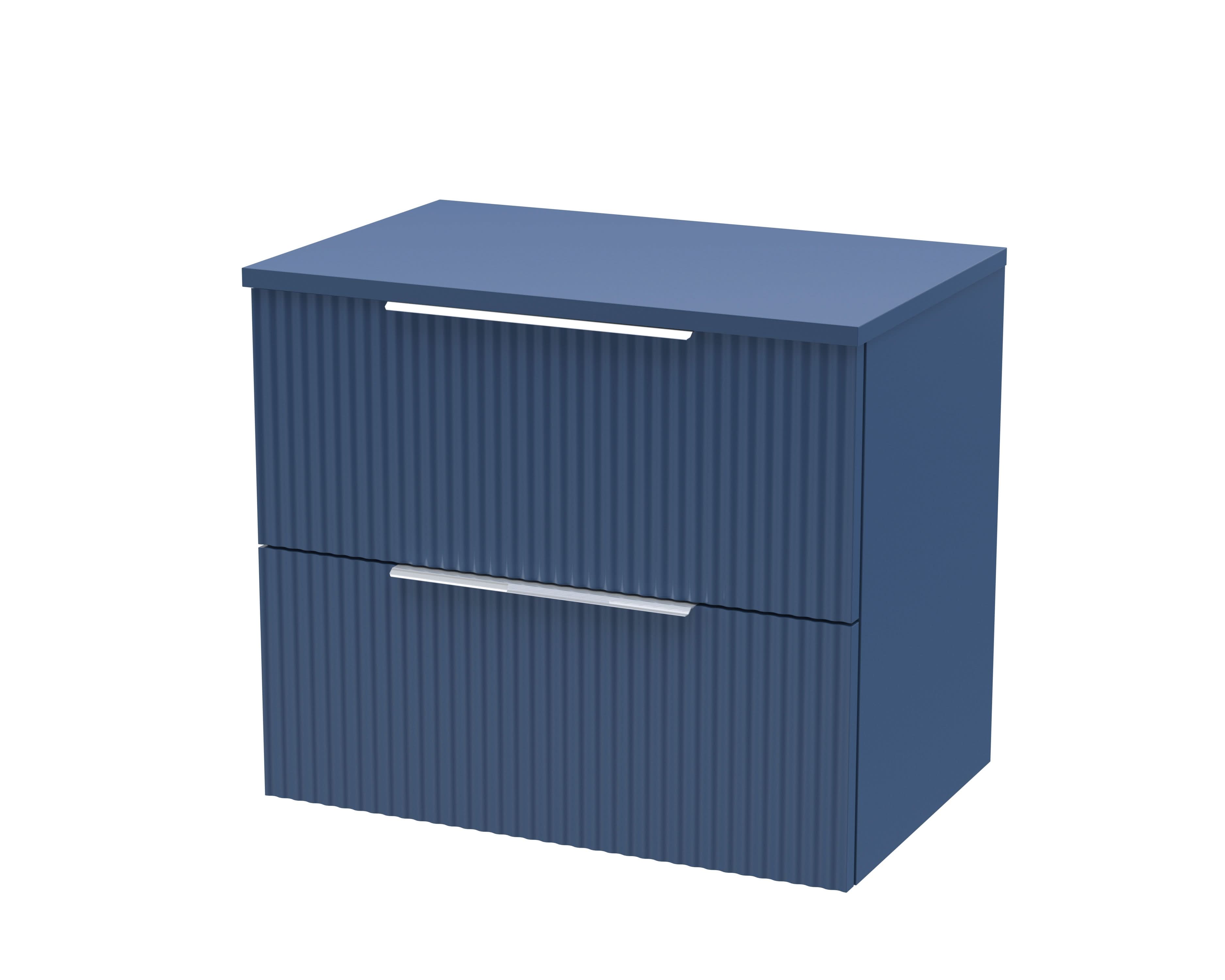 Hudson Reed Fluted Wall Hung 2-Drawer Vanity Unit & Blue Laminate Worktop, Counter Top Vanity Unit in Satin Blue, 600mm
