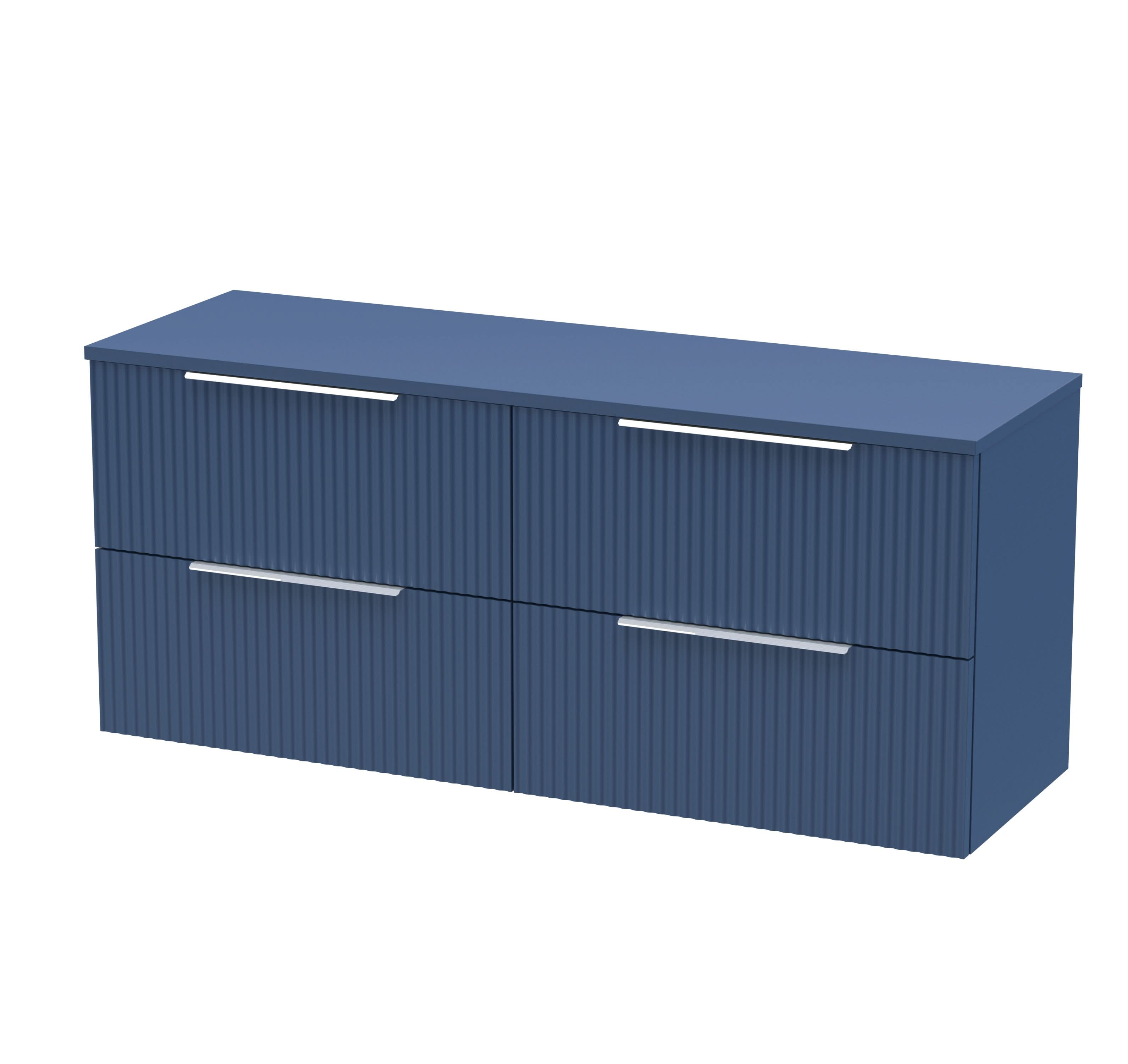 Hudson Reed Fluted Wall Hung 4-Drawer Vanity Unit & Blue Laminate Worktop, Counter Top Vanity Unit in Satin Blue, 1200mm