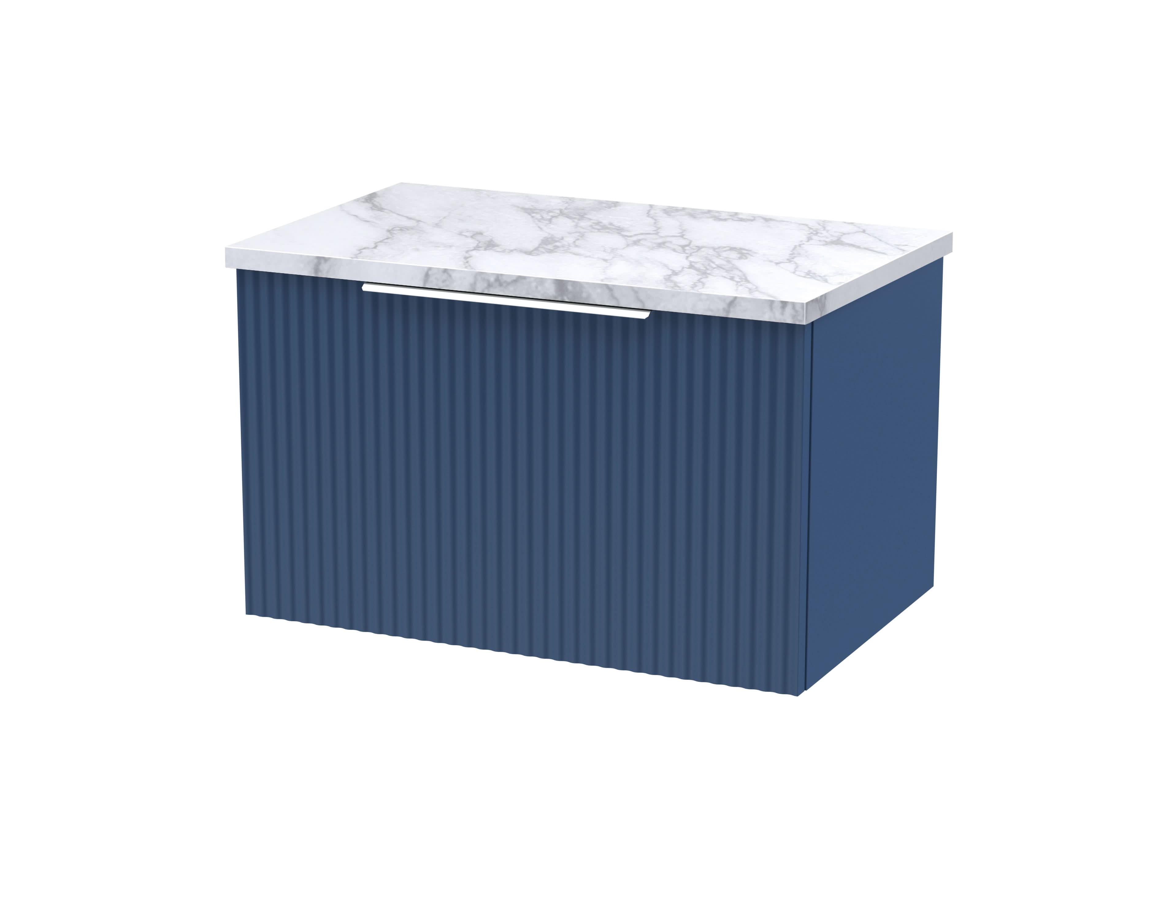 Hudson Reed Fluted Wall Hung 1-Drawer Vanity Unit & Carrera Marble Laminate Worktop, Counter Top Vanity Unit in Satin Blue, 600mm
