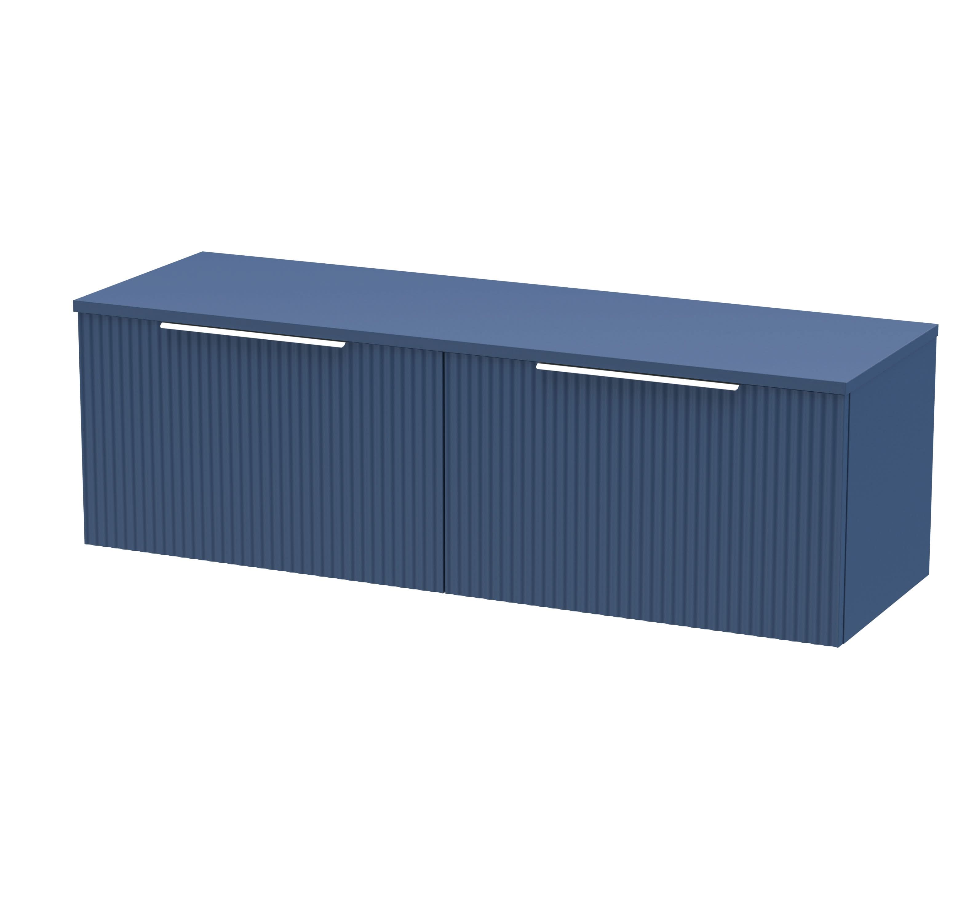 Hudson Reed Fluted Wall Hung 2-Drawer Vanity Unit & Blue Laminate Worktop, Counter Top Vanity Unit in Satin Blue, 1200mm