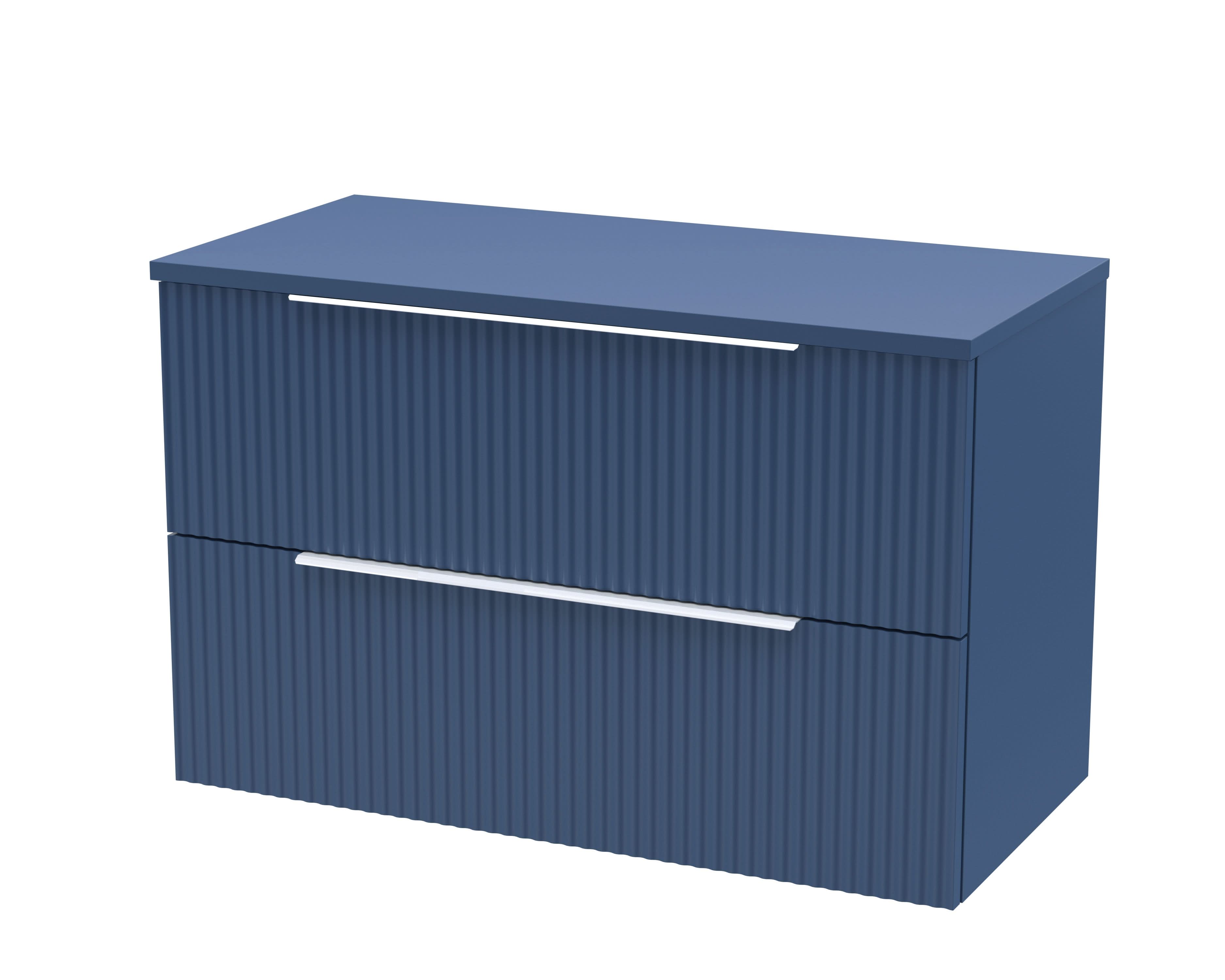 Hudson Reed Fluted Wall Hung 2-Drawer Vanity Unit & Blue Laminate Worktop, Counter Top Vanity Unit in Satin Blue, 1200mm