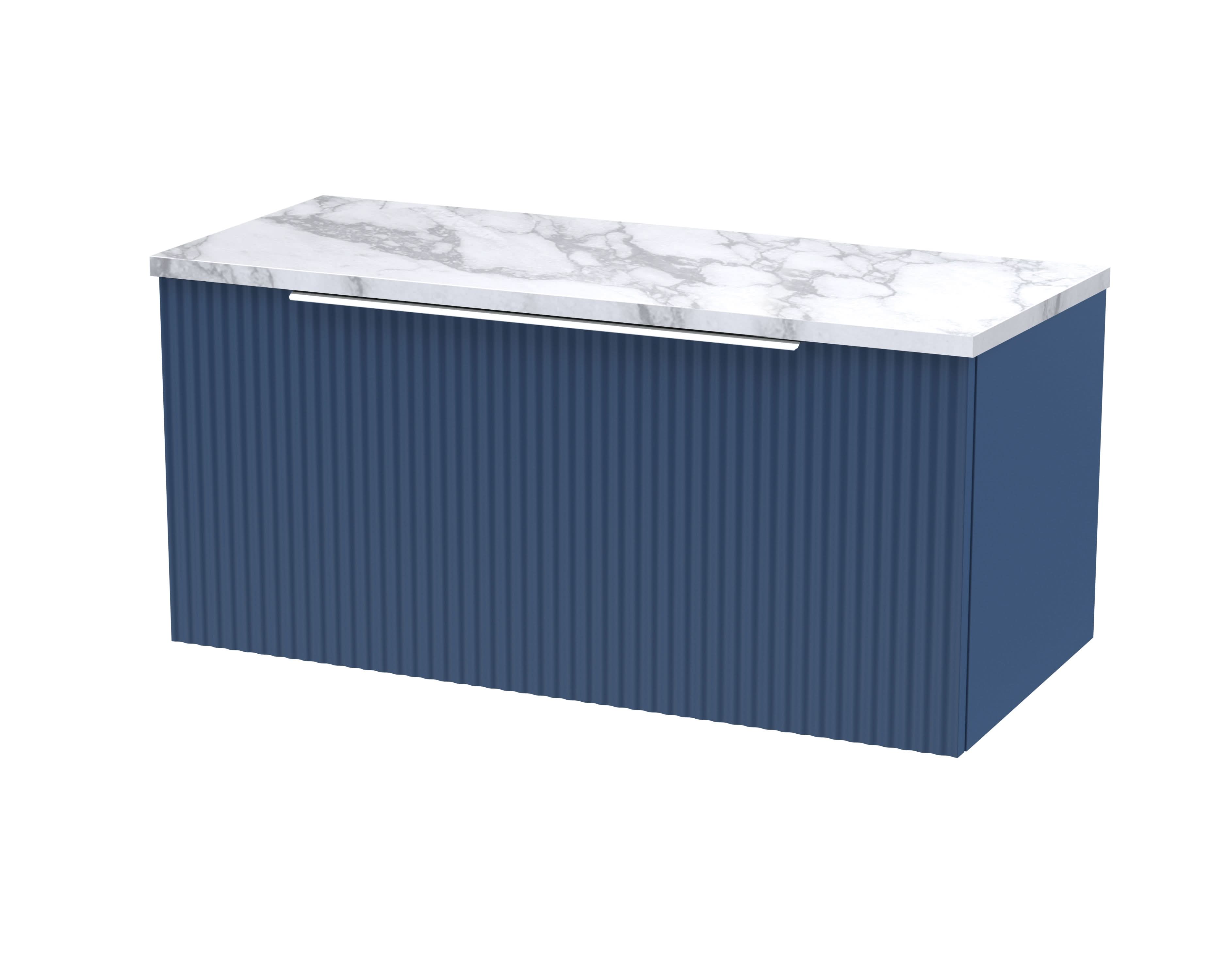 Hudson Reed Fluted Wall Hung 1-Drawer Vanity & Carrera Marble Laminate Worktop, Counter Top Vanity Unit in Satin Blue, 1200mm
