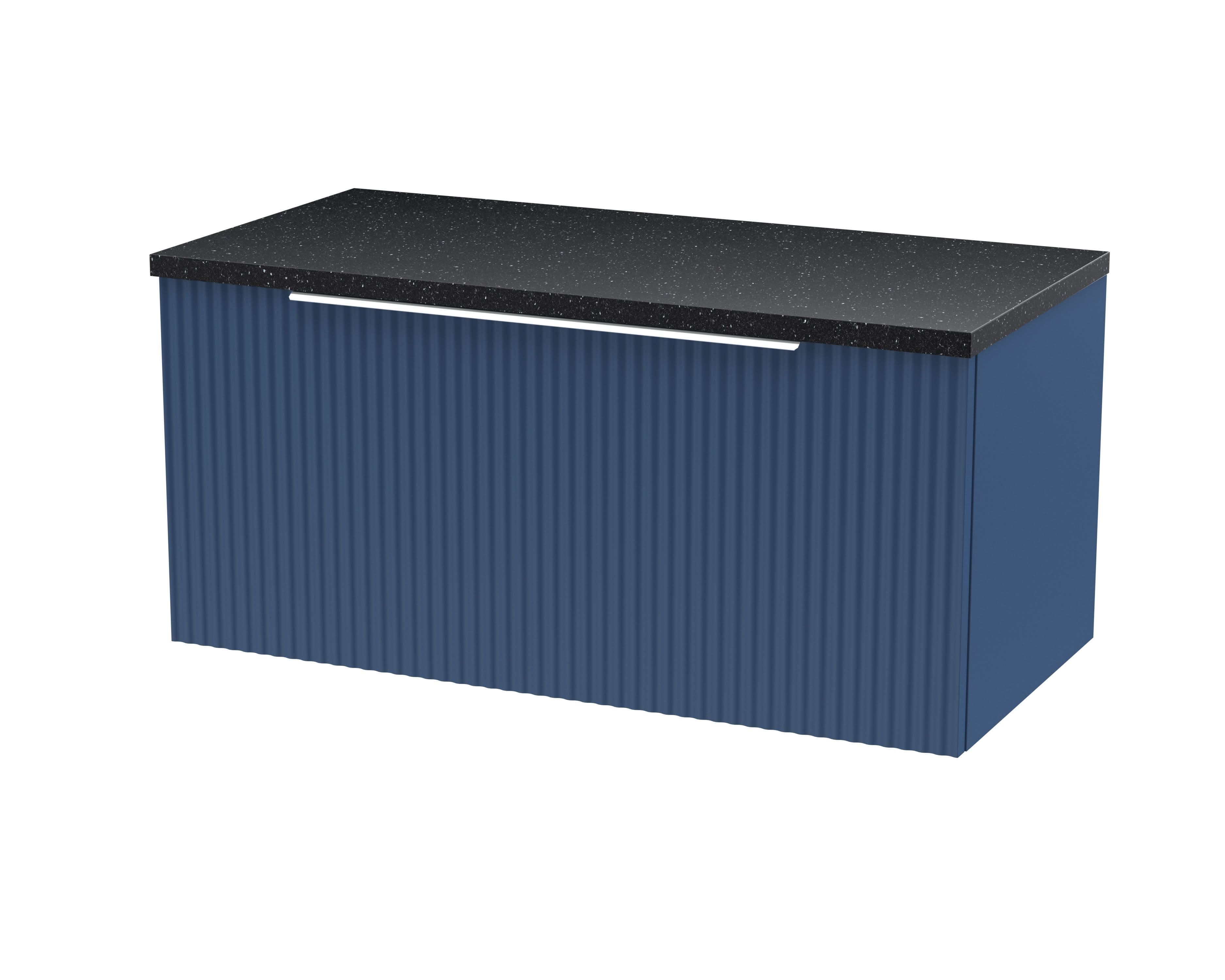 Hudson Reed Fluted Wall Hung 1-Drawer Vanity & Black Laminate Worktop, Counter Top Vanity Unit in Satin Blue, 1200mm