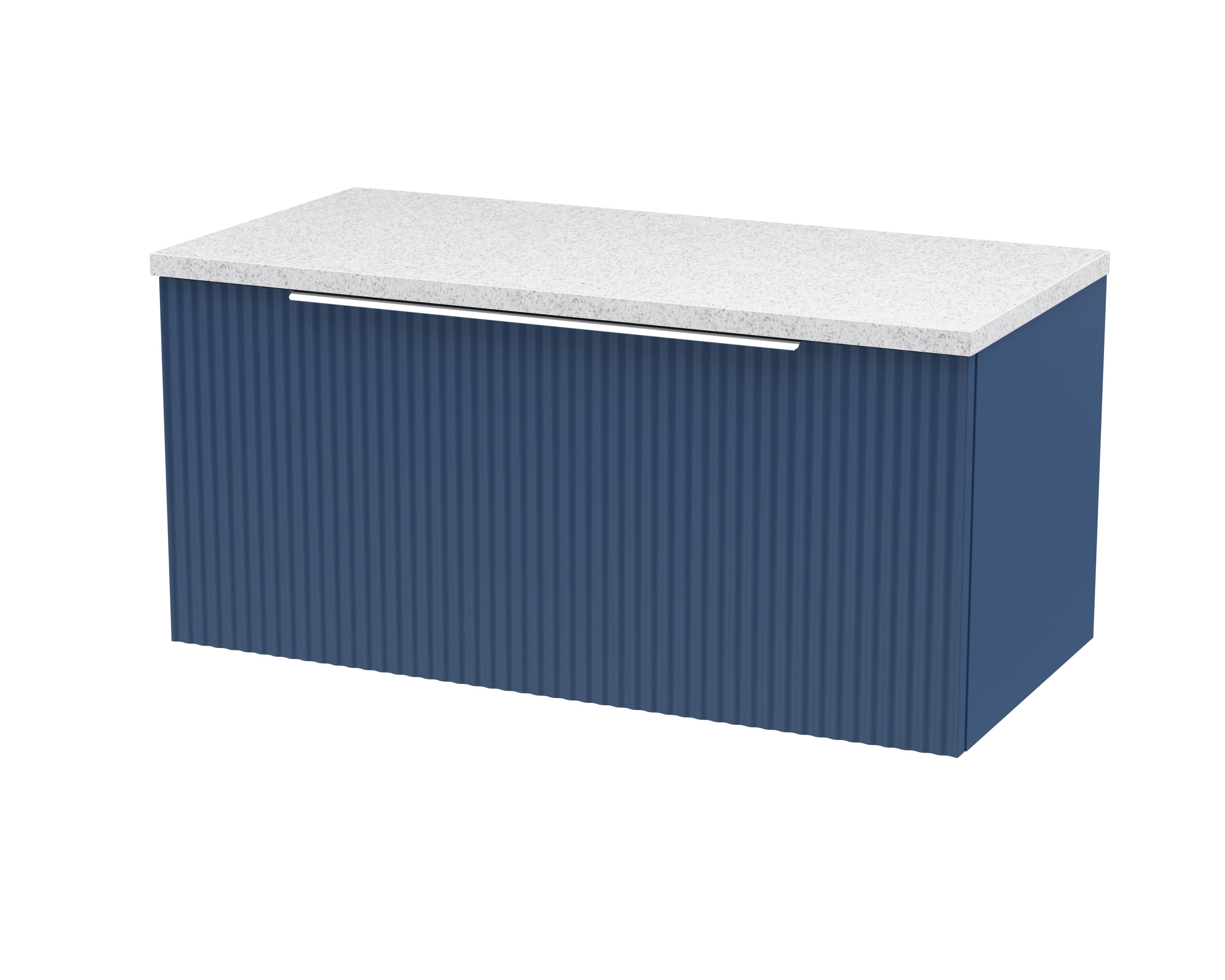 Hudson Reed Fluted Wall Hung 1-Drawer Vanity & Sparkling White Laminate Worktop, Counter Top Vanity Unit in Satin Blue, 1200mm