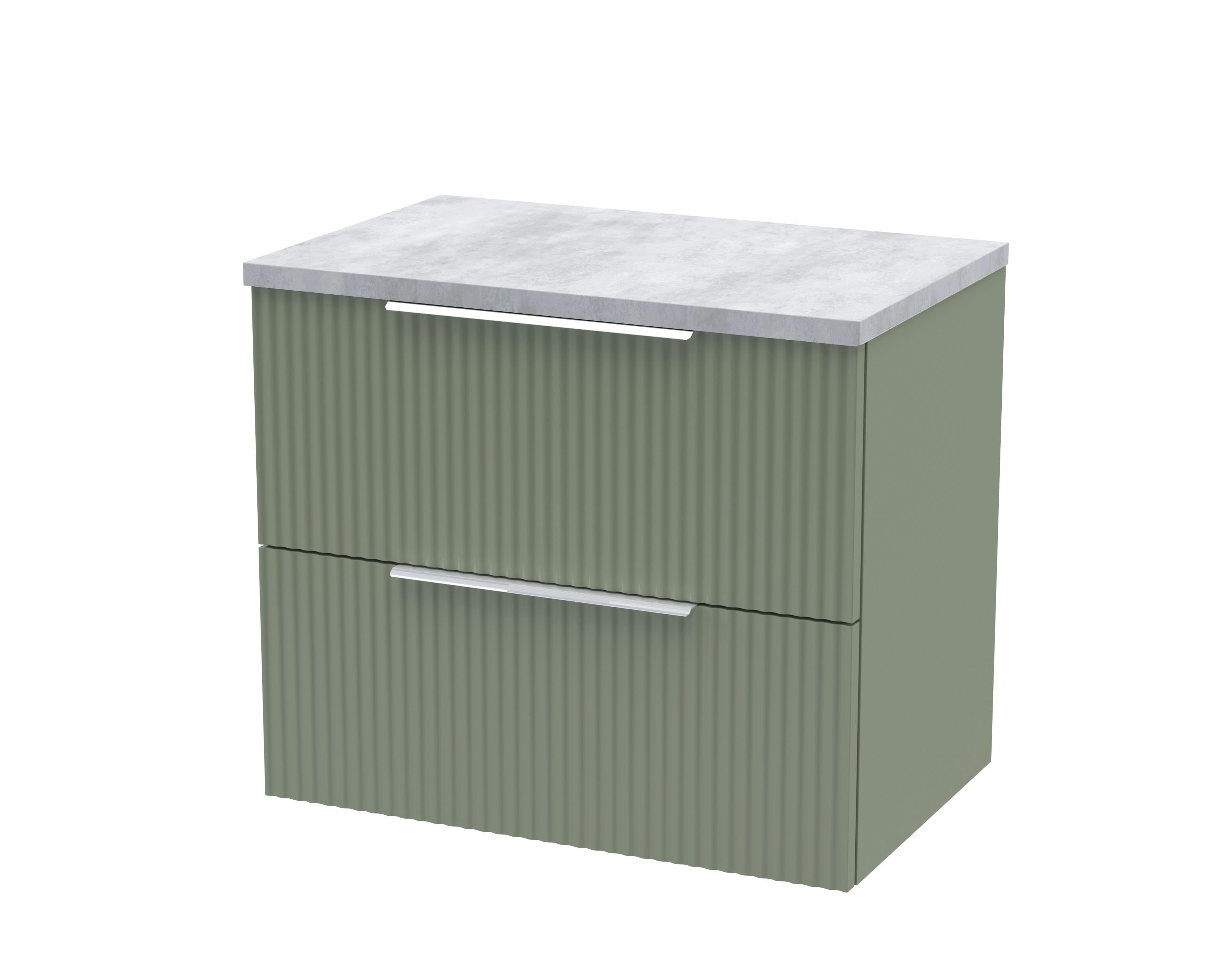 Hudson Reed Fluted Wall Hung 2-Drawer Vanity Unit & Bellato Grey Laminate Worktop, Counter Top Vanity Unit in Satin Green, 600mm