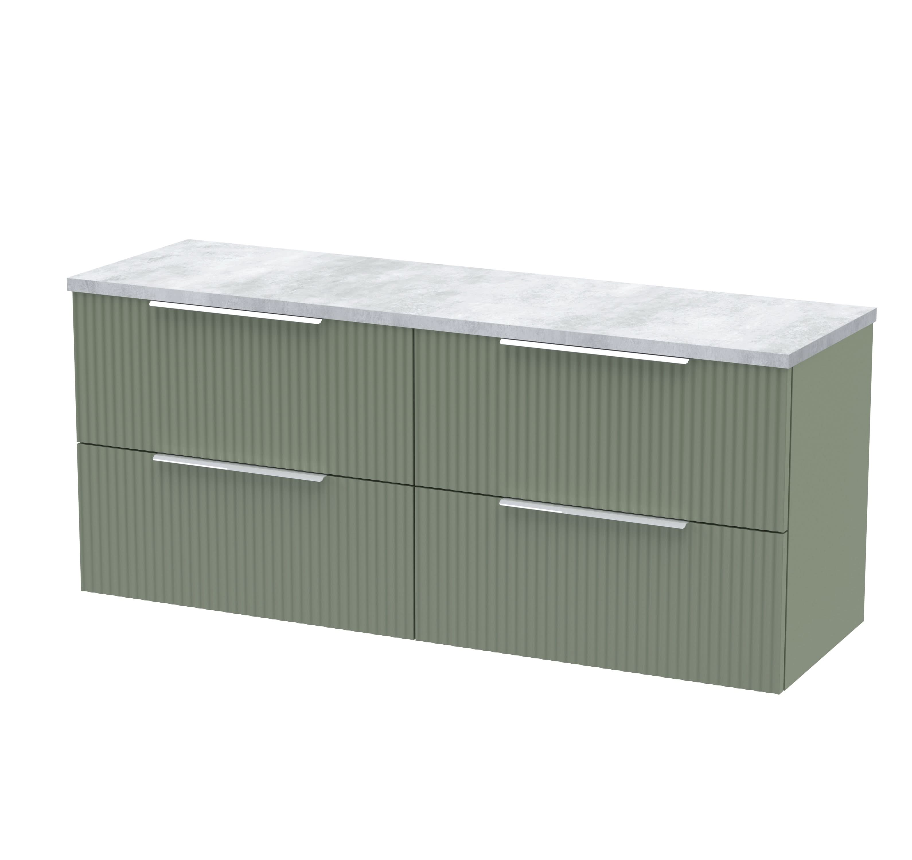 Hudson Reed Fluted Wall Hung 4-Drawer Vanity Unit & Bellato Grey Laminate Worktop, Counter Top Vanity Unit in Satin Green, 1200mm
