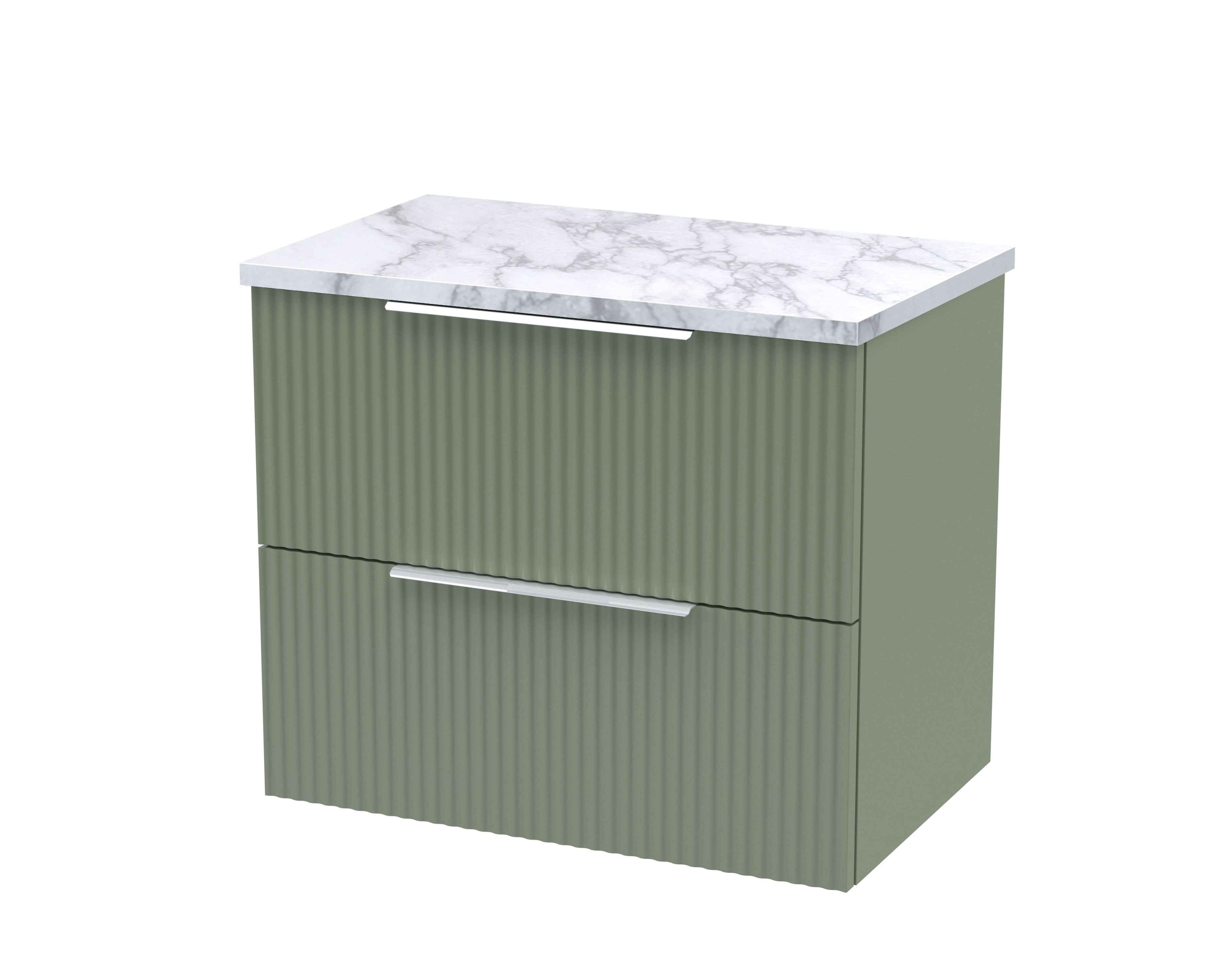 Hudson Reed Fluted Wall Hung 2-Drawer Vanity & Carrera Marble Laminate Worktop, Counter Top Vanity Unit in Satin Green, 600mm