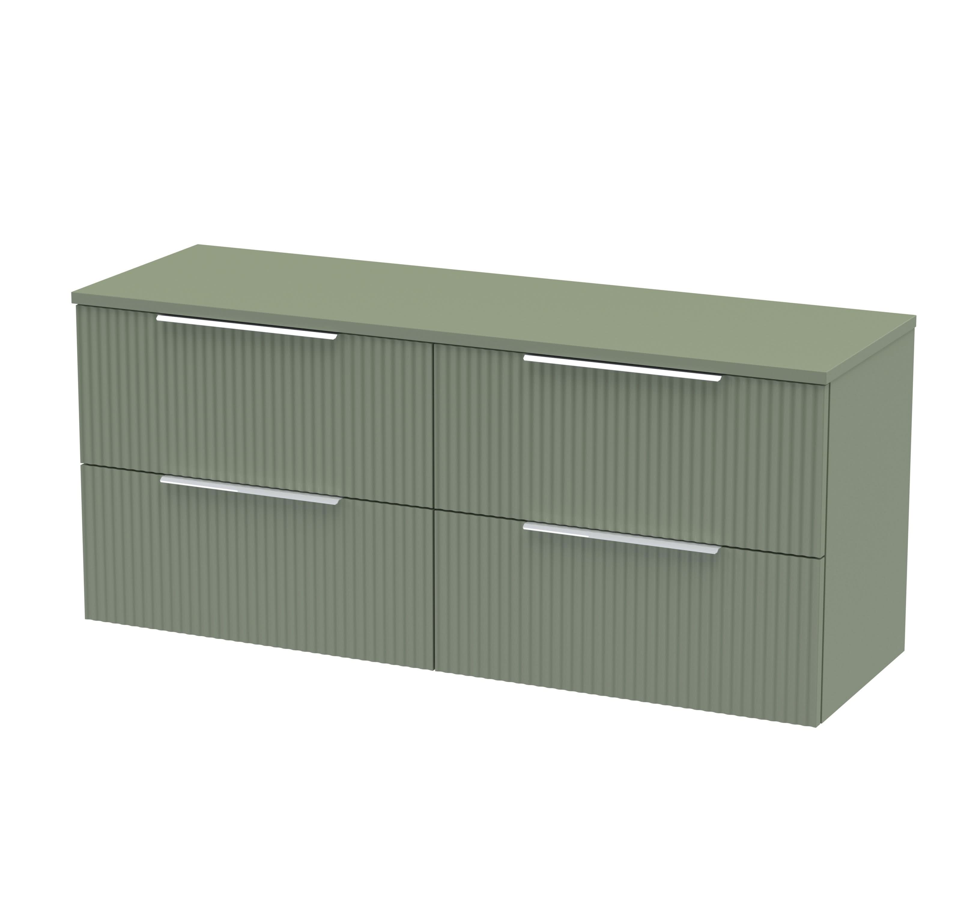 Hudson Reed Fluted Wall Hung 4-Drawer Vanity Unit & Green Worktop, Stylish Counter Top Vanity Unit in Satin Green, 1200mm