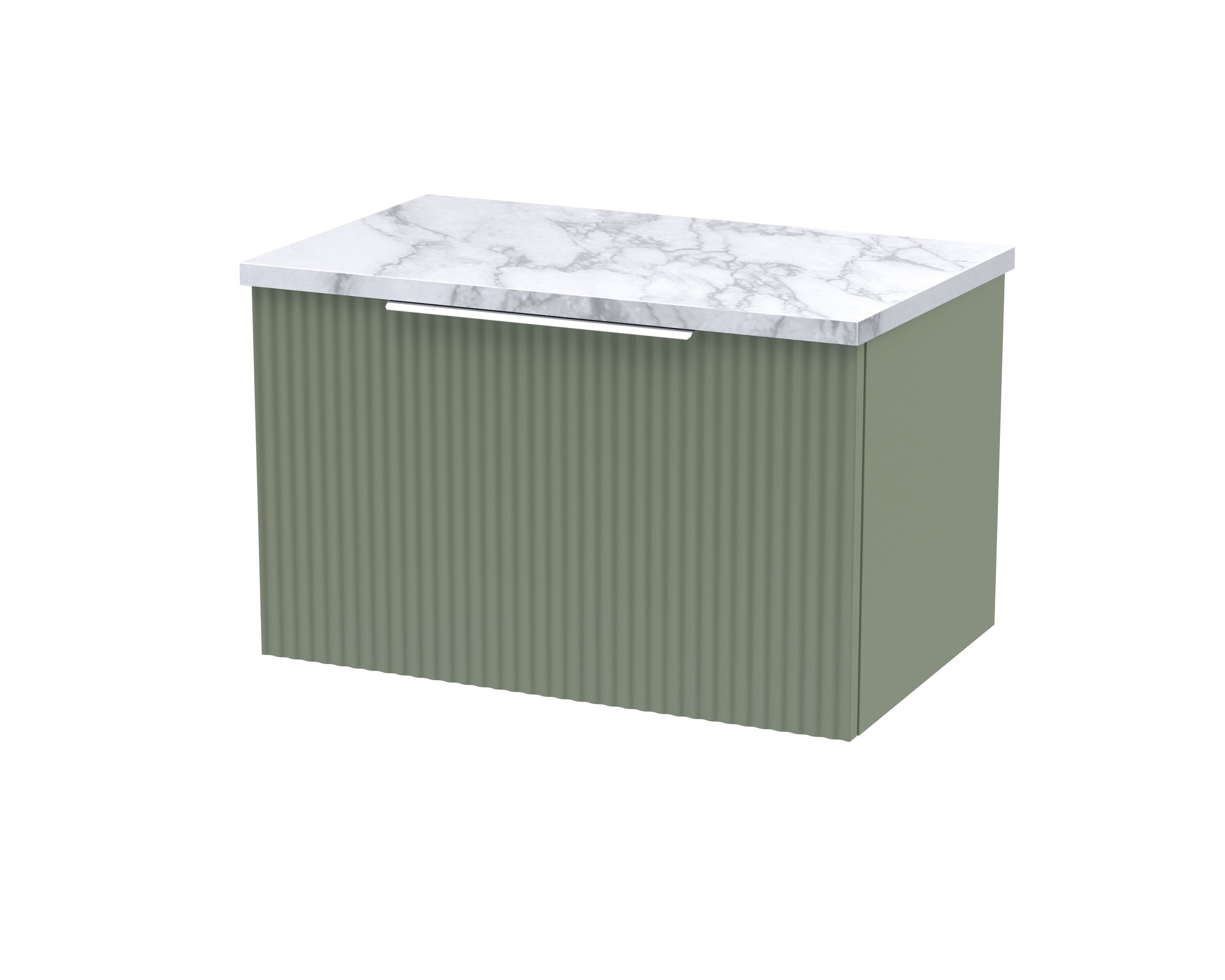 Hudson Reed Fluted Wall Hung 1-Drawer Vanity & Carrera Marble Laminate Worktop, Counter Top Vanity Unit in Satin Green, 600mm