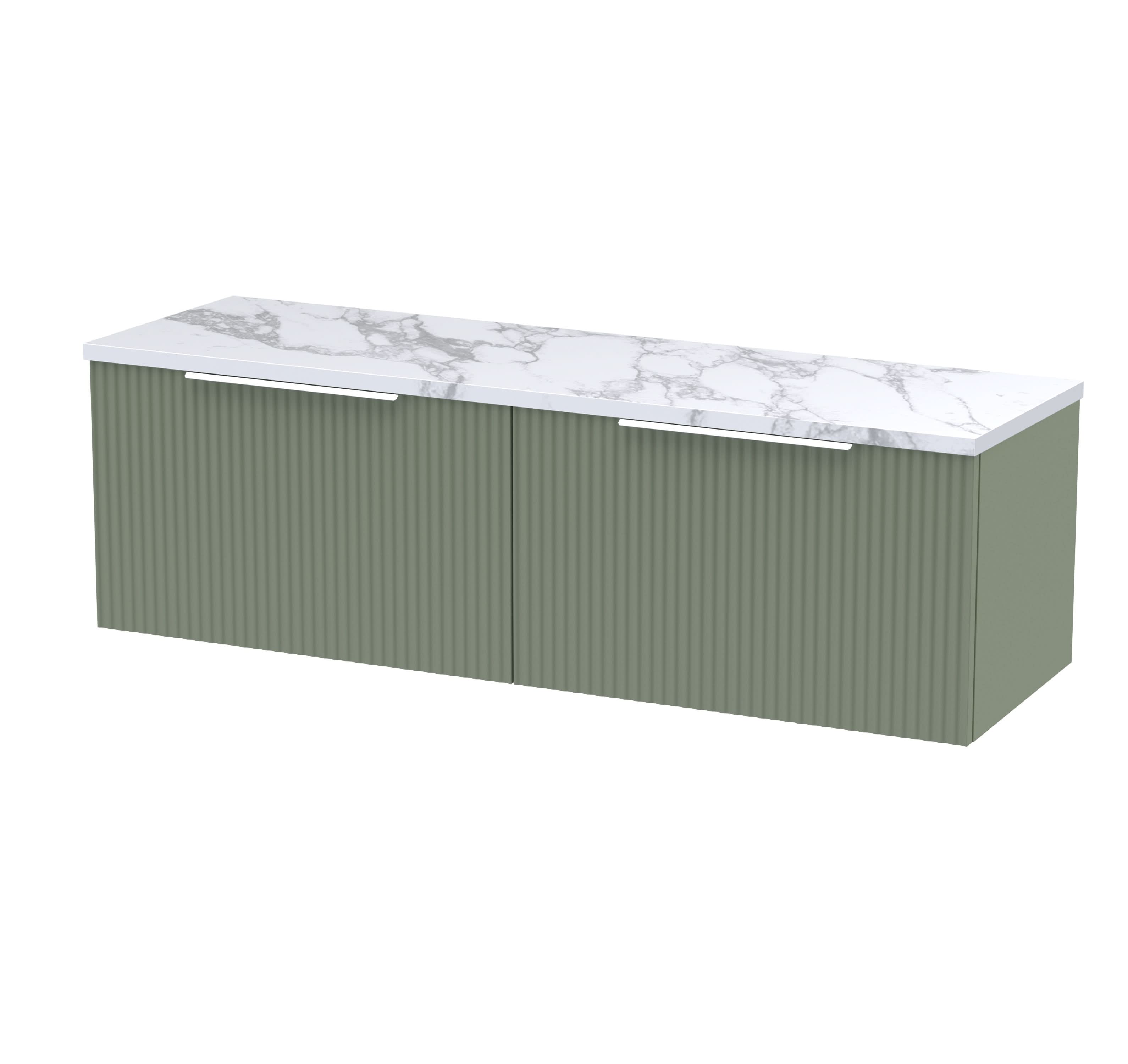 Hudson Reed Fluted Wall Hung 2-Drawer Vanity & Carrera Marble Laminate Worktop, Counter Top Vanity Unit in Satin Green, 1200mm