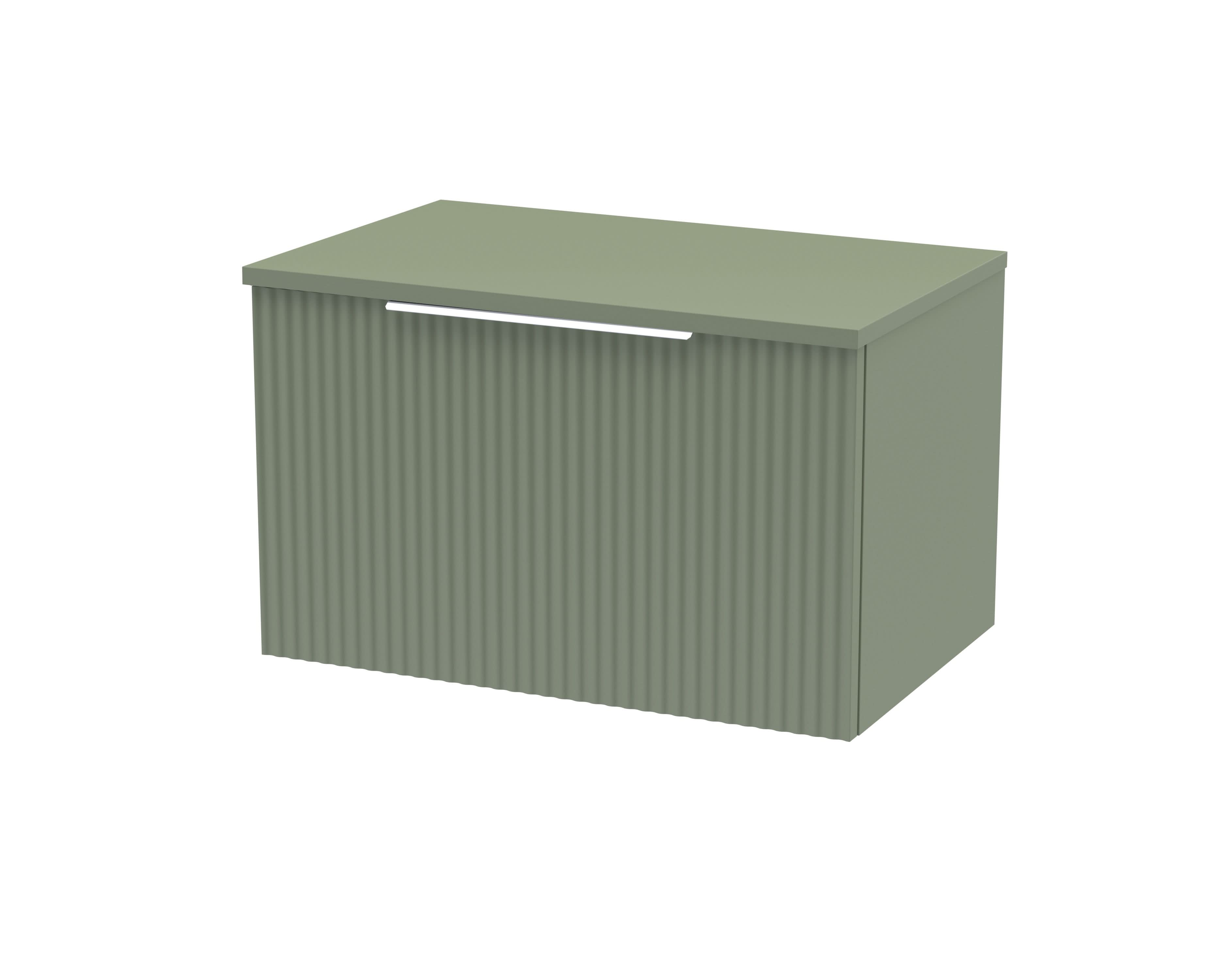 Hudson Reed Fluted Wall Hung 1-Drawer Vanity Unit & Green Worktop, Sleek Counter Top Vanity Unit in Satin Green, 600mm