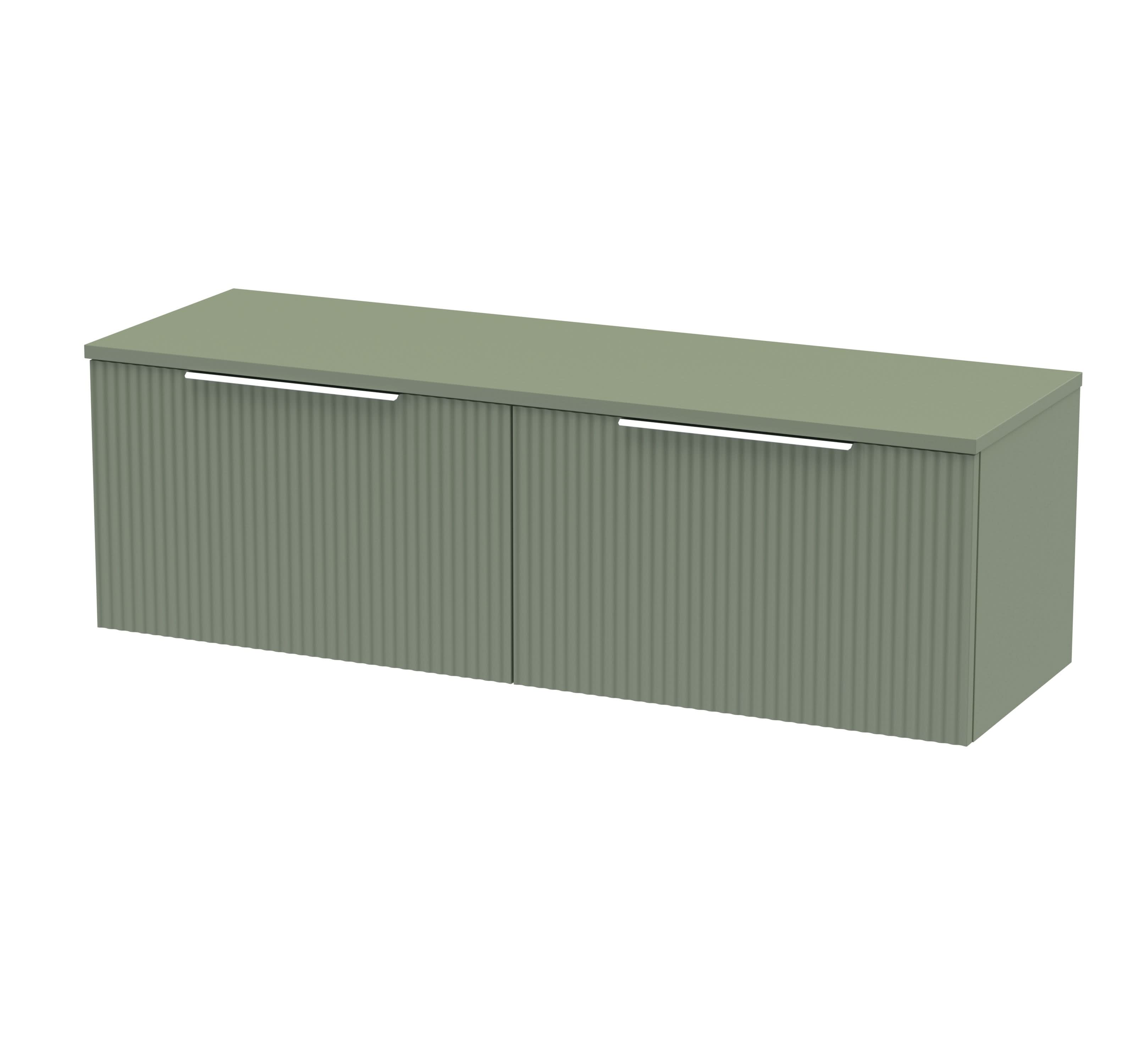 Hudson Reed Fluted Wall Hung 2-Drawer Vanity Unit & Green Worktop, Stylish Counter Top Vanity Unit in Satin Green, 1200mm